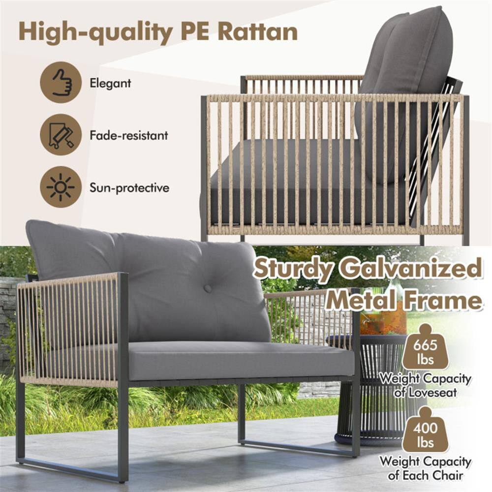 High-quality PE Rattan  
Elegant  
Fade-resistant  
Sun-protective  

Sturdy Galvanized Metal Frame  
665 lbs Weight Capacity of Loveseat  
400 lbs Weight Capacity of Each Chair