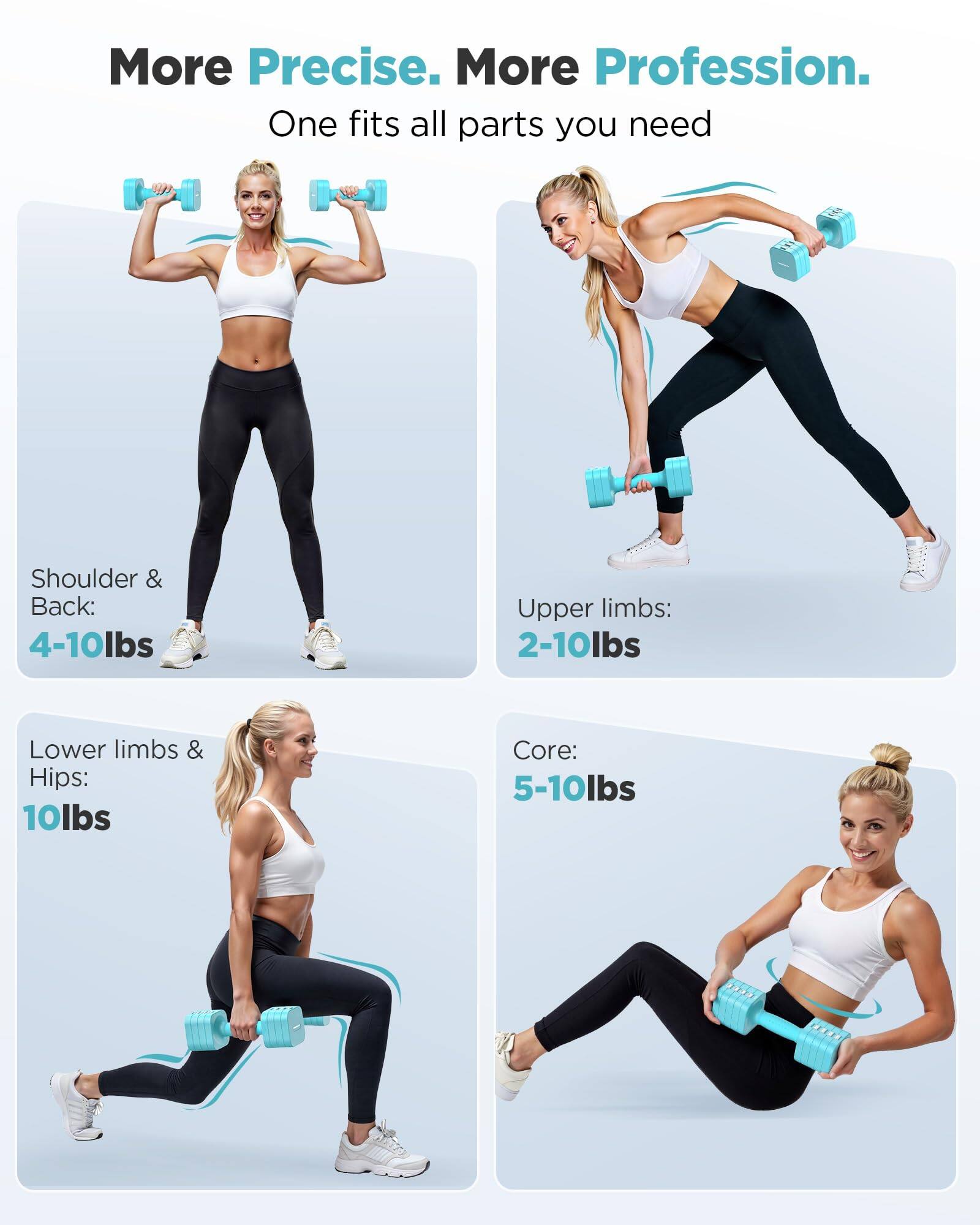 More Precise. More Profession.  
One fits all parts you need  

Shoulder & Back: 4-10lbs  
Upper limbs: 2-10lbs  
Lower limbs & Hips: 10lbs  
Core: 5-10lbs