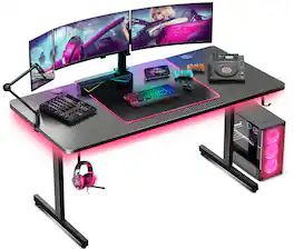 GTPlayer - 55-inch Gaming Desk with RGB Lights Mouse Pad & Accessory Hooks - Carbon Fiber - Black