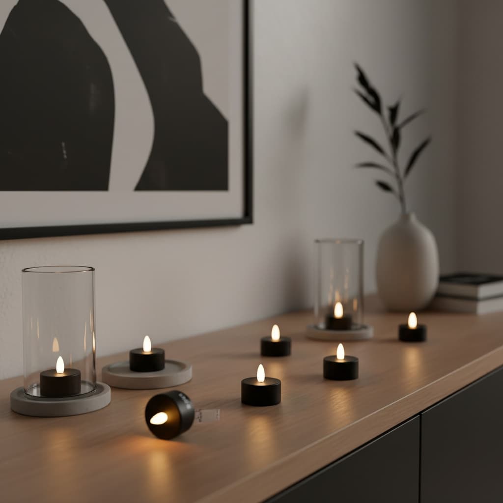 Alt View 2. FINEAK - 24 Pack Black LED Flameless Tea Light Votives - Battery Operated, 1.4" D x 1.3" H, for Fall Holiday & Theme Party Decor - Black.