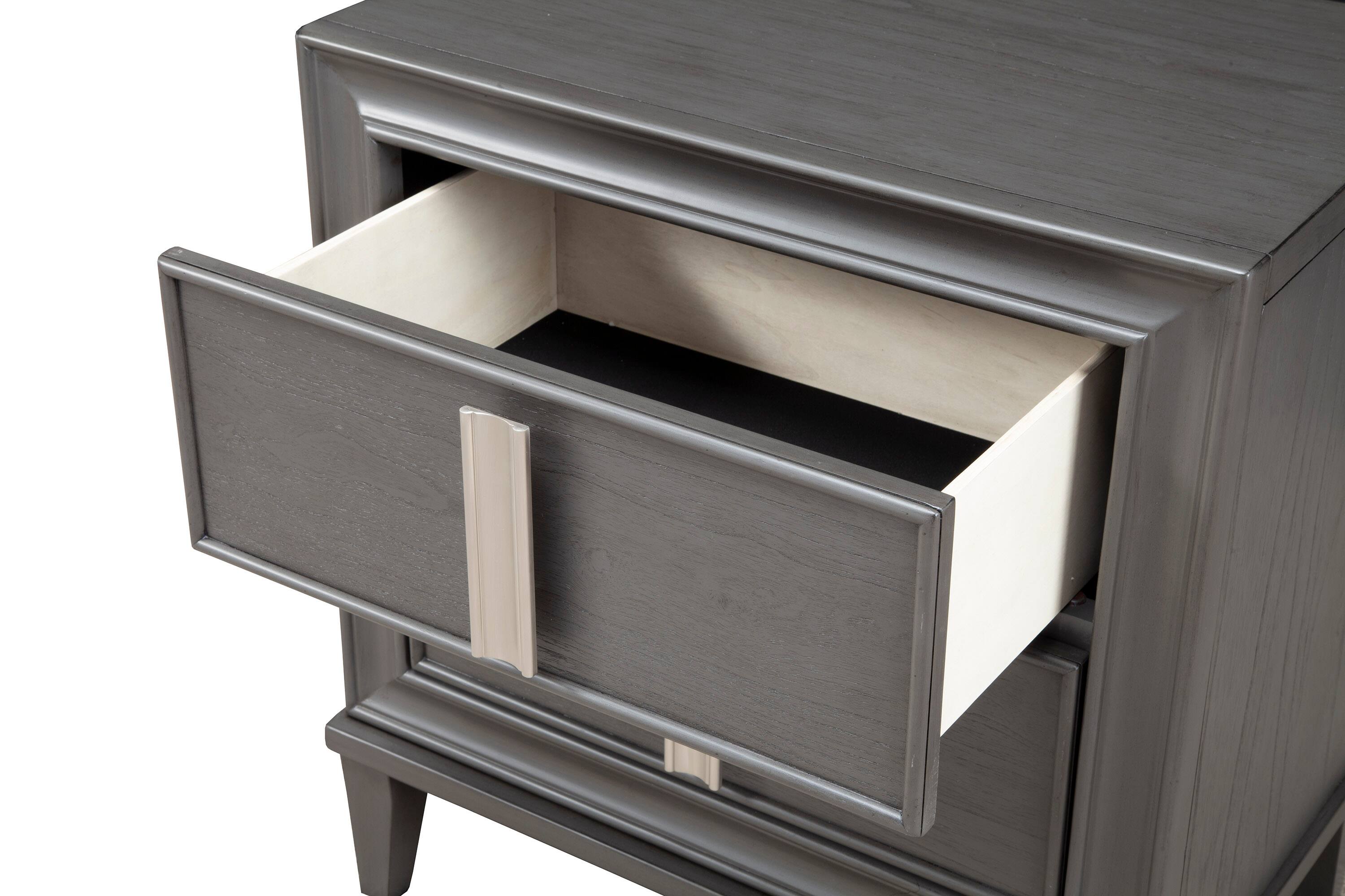 Left. Manhattan Lane - Wooden Nightstand With Two Drawers and Tapered Legs - Gray and White.