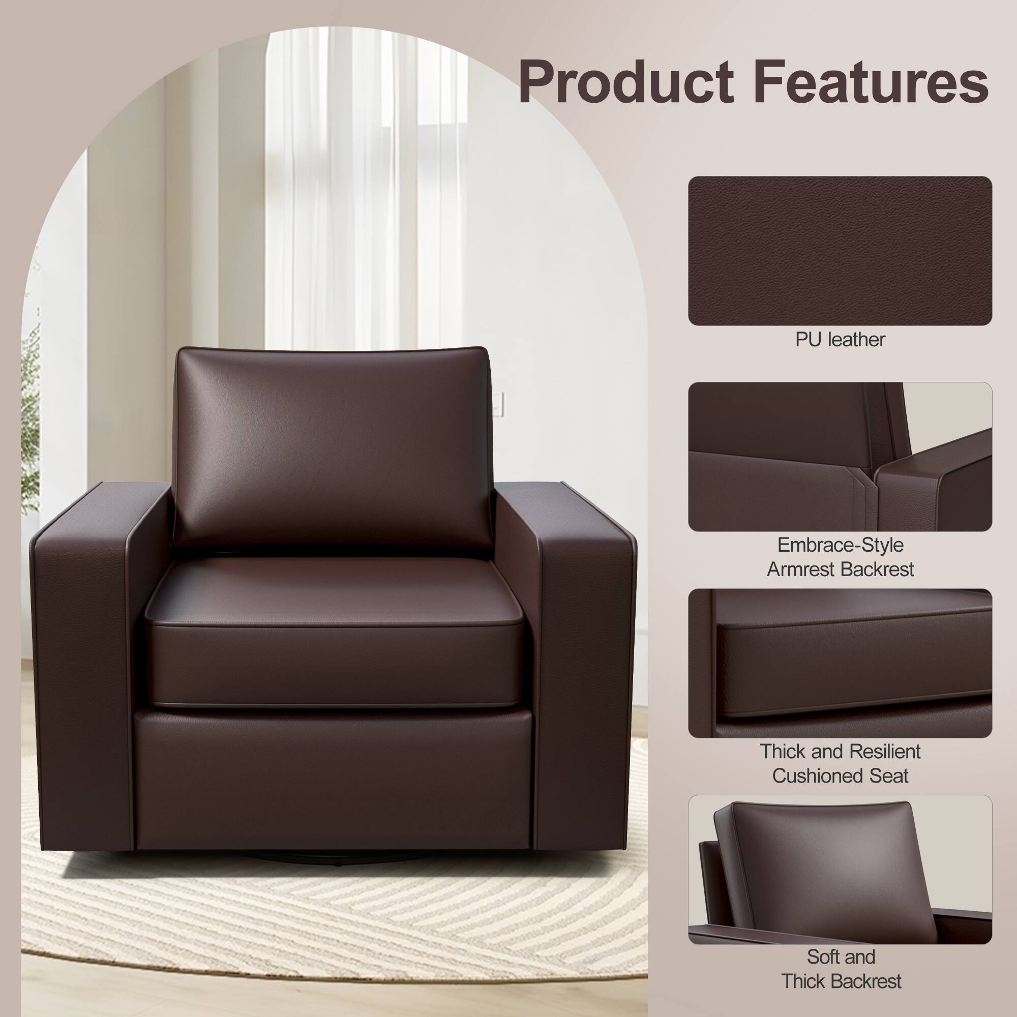 Product Features

- PU leather
- Embrace-Style Armrest Backrest
- Thick and Resilient Cushioned Seat
- Soft and Thick Backrest