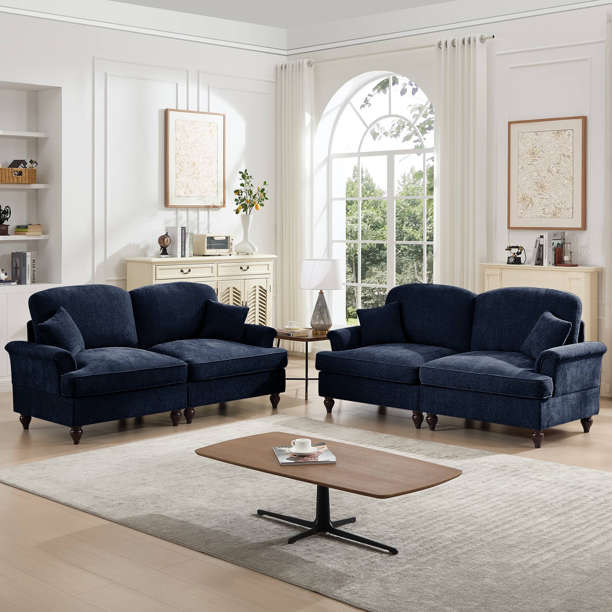 Angle. Anysun - Classic 2-Piece Chenille Sofa Set - Flared Arms, Ruffled Skirt & Spindle Legs (2+2 Seat Sofa) for Living Room - Blue.