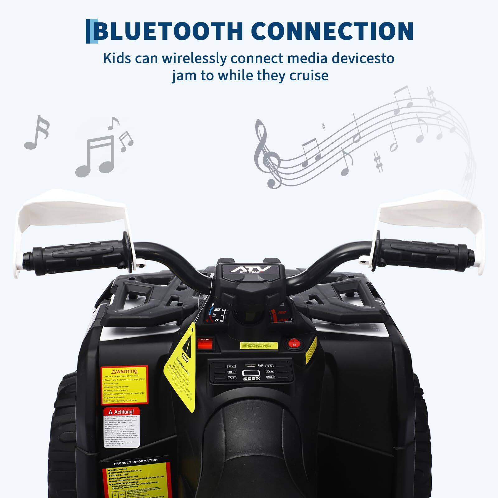 **BLUETOOTH CONNECTION**

Kids can wirelessly connect media devices to jam to while they cruise

---

**Warning**

**Achtung**