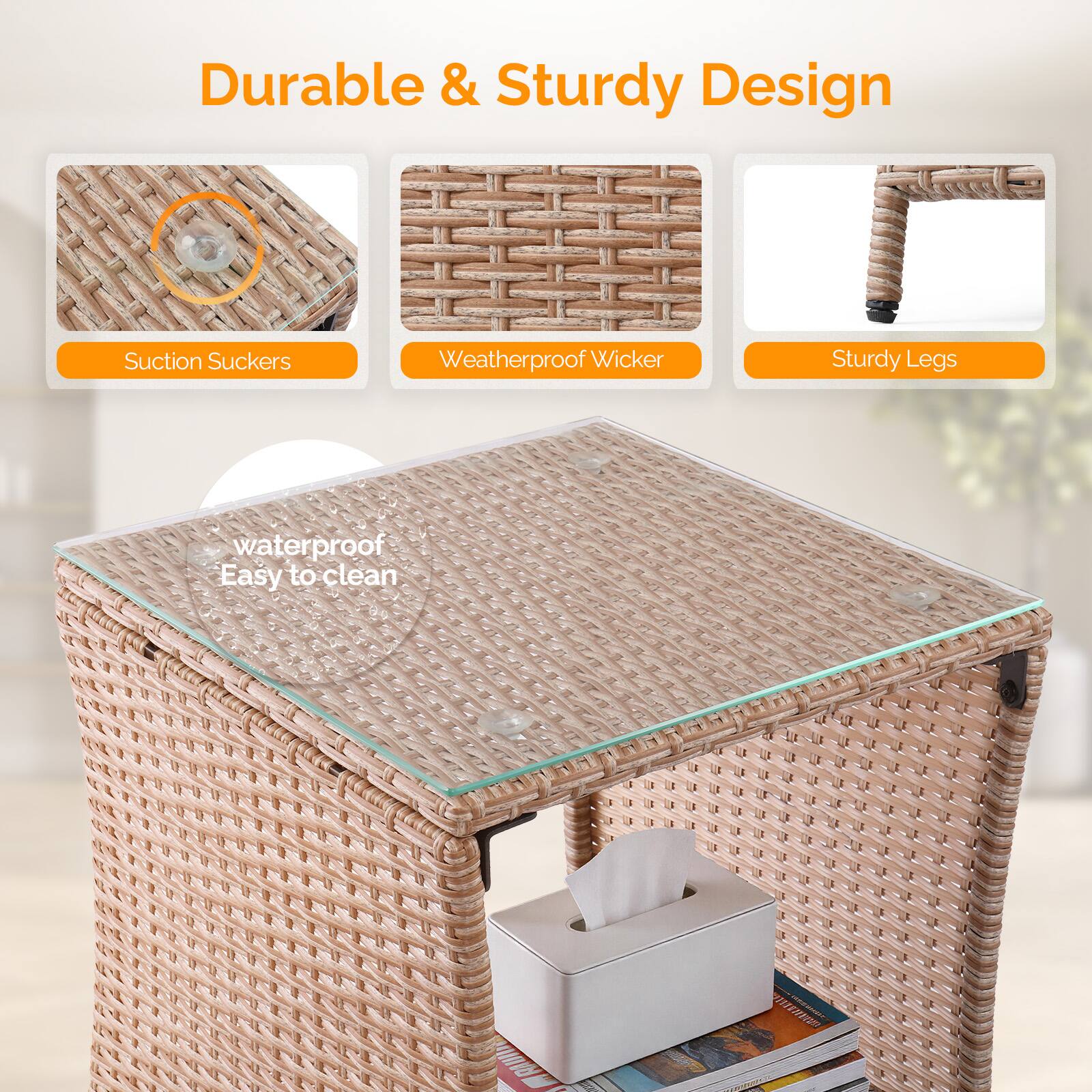 Durable & Sturdy Design  
- Suction Suckers  
- Weatherproof Wicker  
- Sturdy Legs  
- Waterproof  
- Easy to clean
