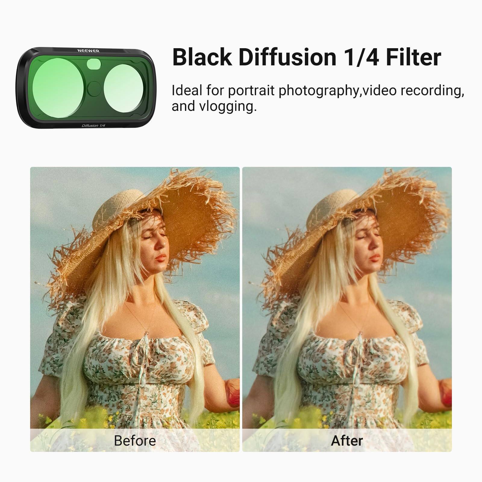 NEEWER Black Diffusion 1/4 Filter

Ideal for portrait photography, video recording, and vlogging.

Before After