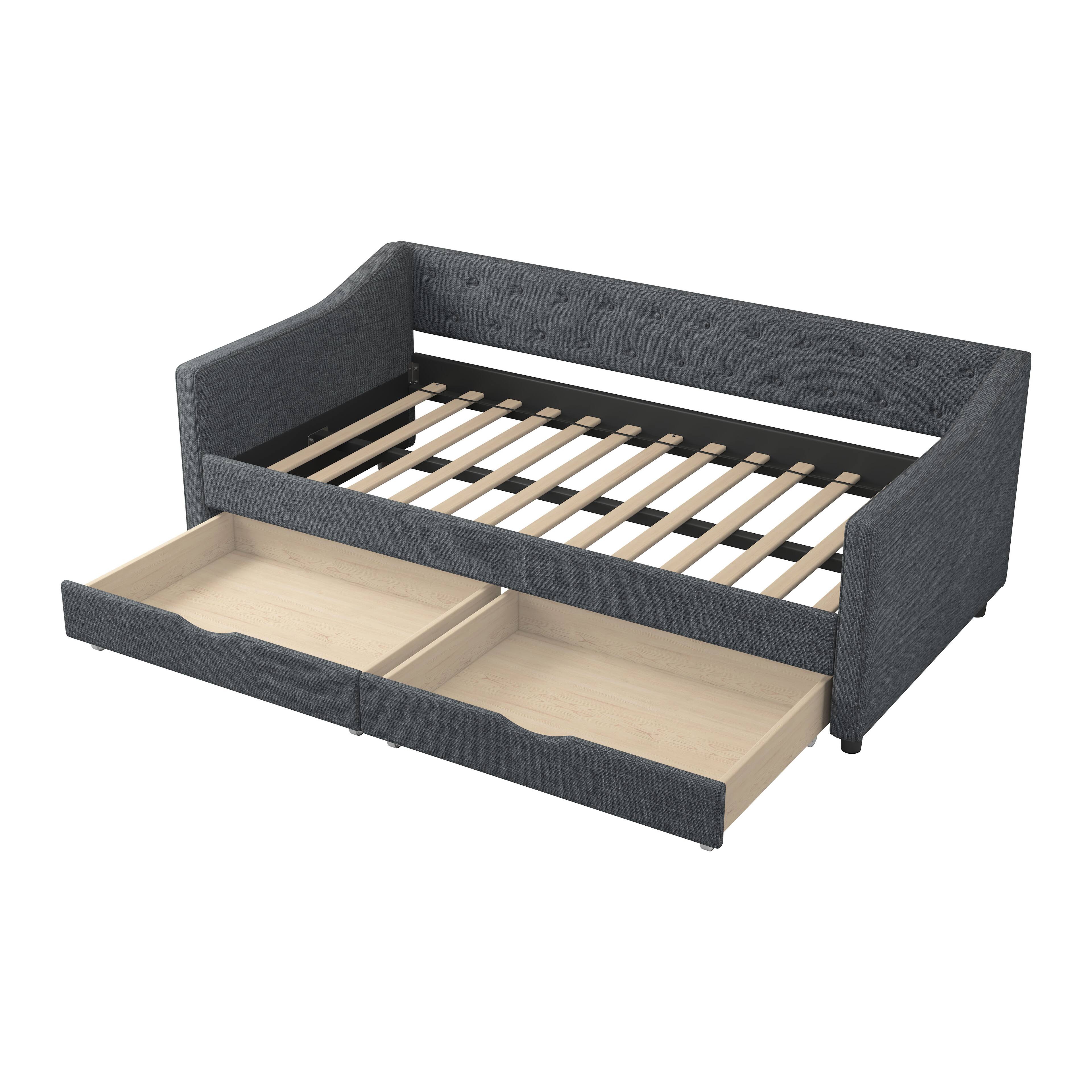 Left. Tiramisubest - Twin Size Daybed with Drawers Upholstered Tufted Sofa Bed, with Button on Back and Piping on Waved Shape Arms-Dark Grey - DARK GREY.