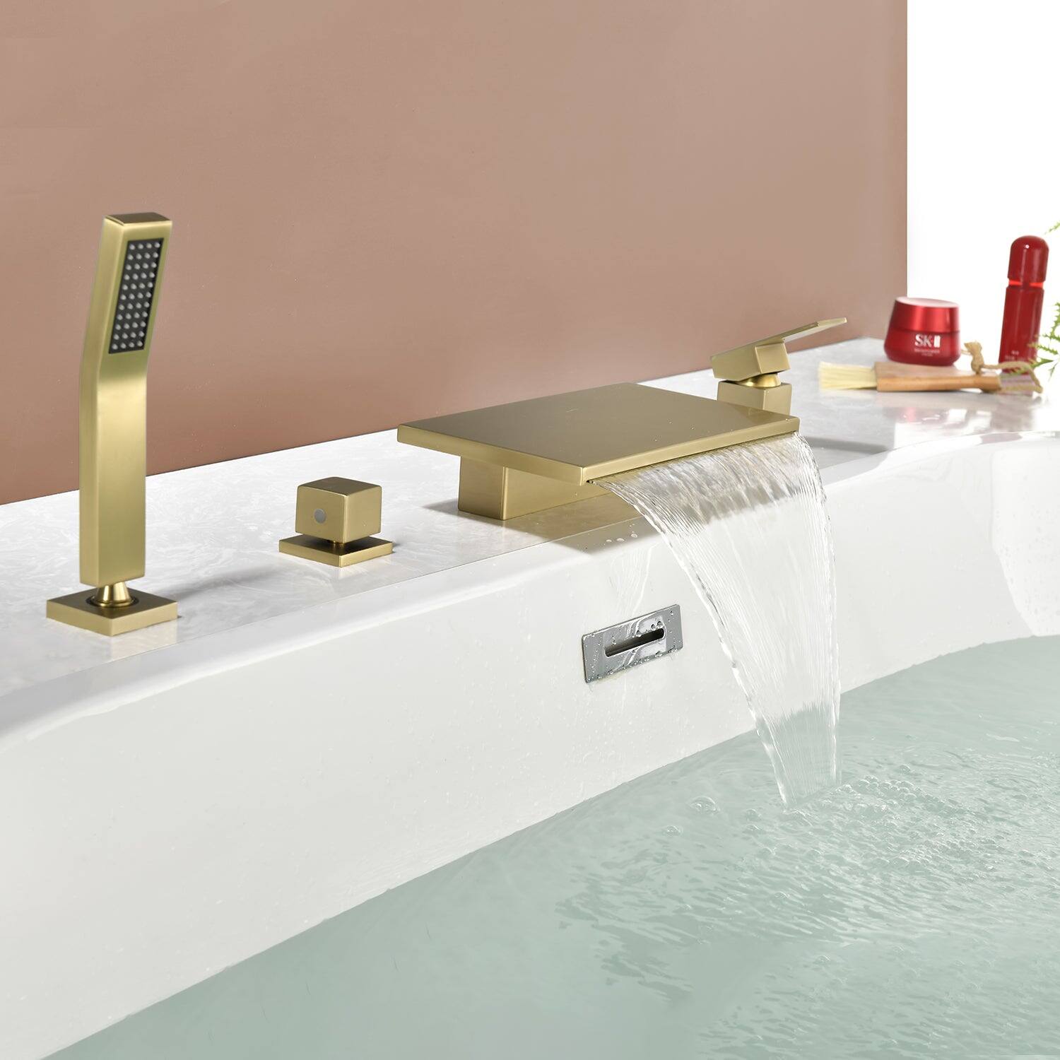Alt View 3. Boyel Living - 10.24 in.W Brushed Gold Bathtub Hot and Cold Water Faucet with Waterfall Spout and Handheld Shower - Brushed Gold.