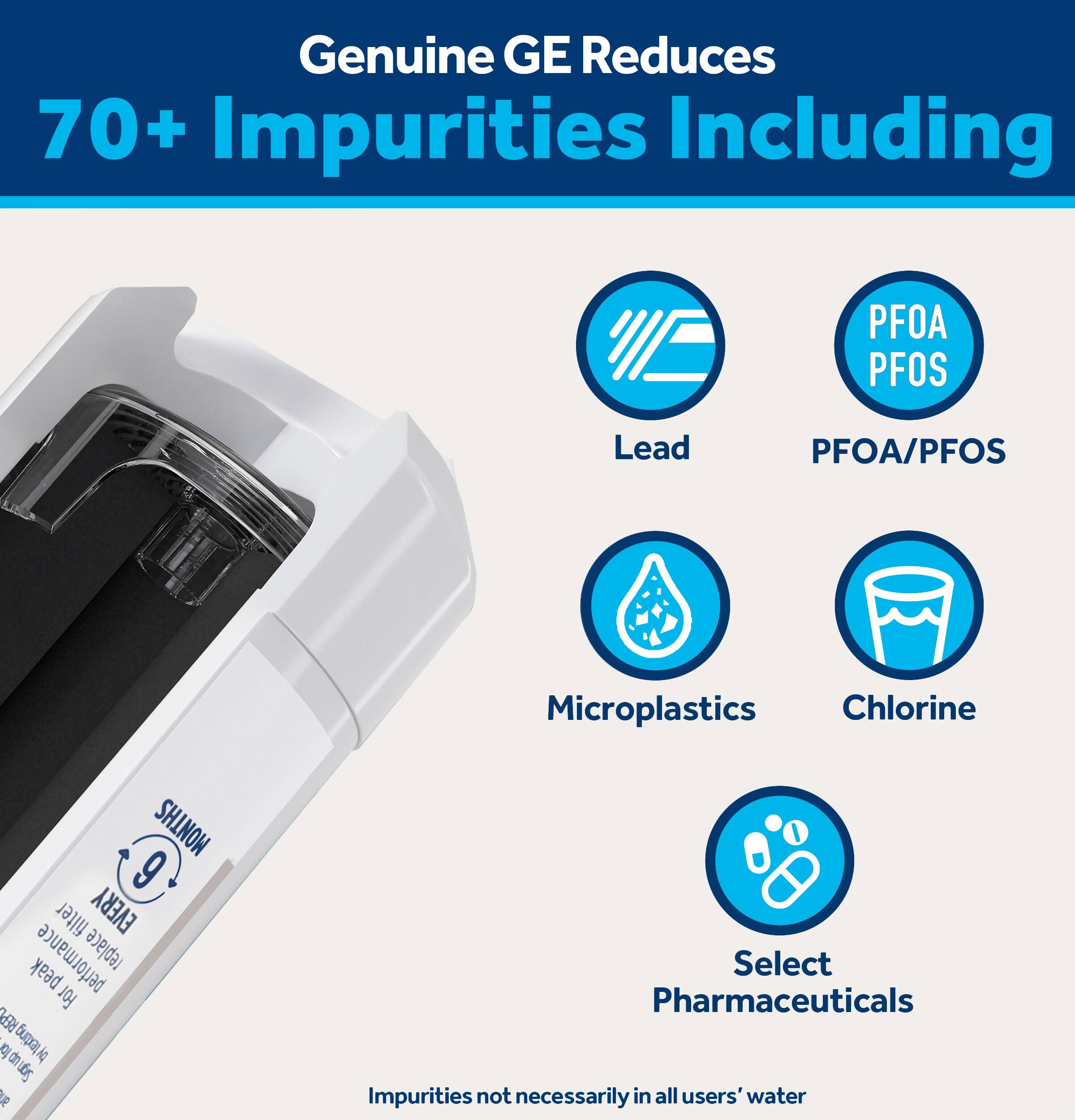 Genuine GE Reduces 70+ Impurities Including

- Lead
- PFOA/PFOS
- Microplastics
- Chlorine
- Select Pharmaceuticals

Impurities not necessarily in all users' water