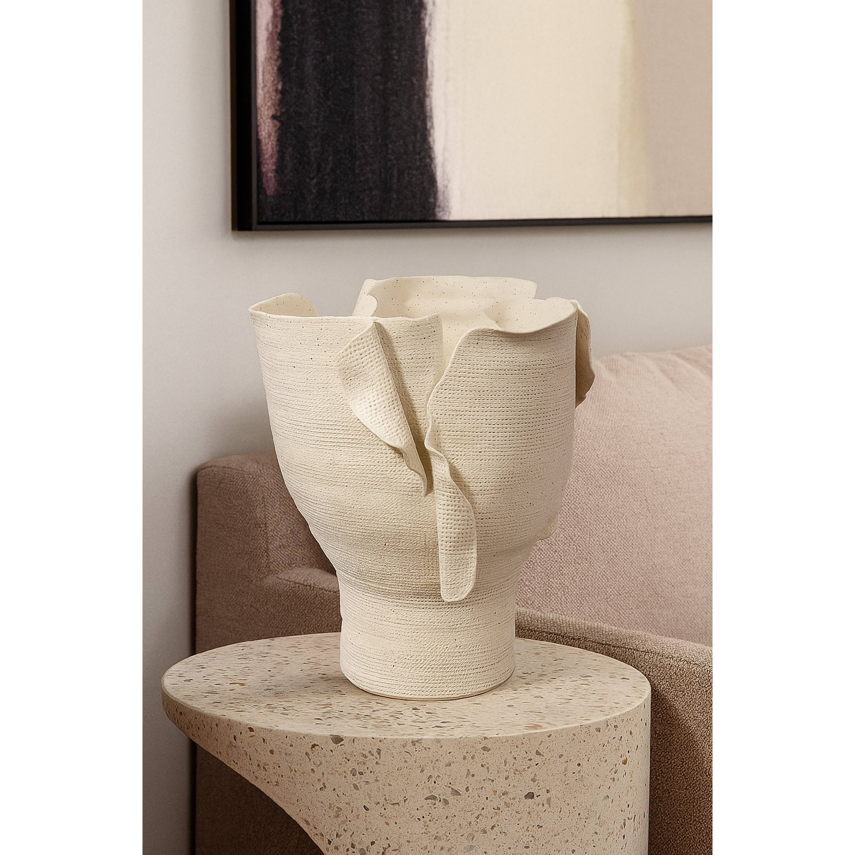 Alt View 4. Manhattan Lane - Tio Modern Vessel Vase, Flowing Petal Folds,  Porcelain 13 Inch - White.