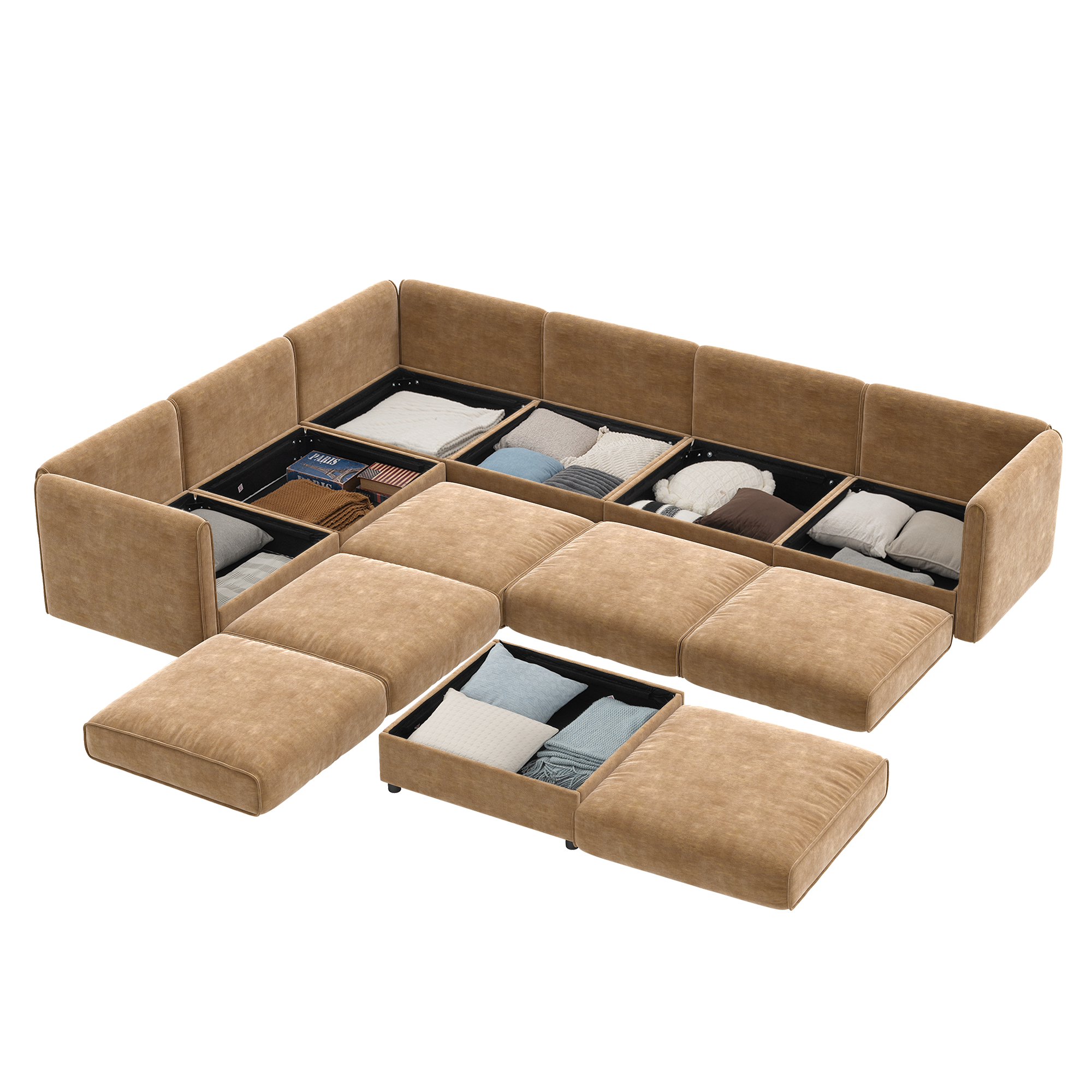 Left. Anysun - 6-Piece Chenille Modular Sectional Sofa with Storage - Contemporary Cylindrical Design for Living Room - Camel.