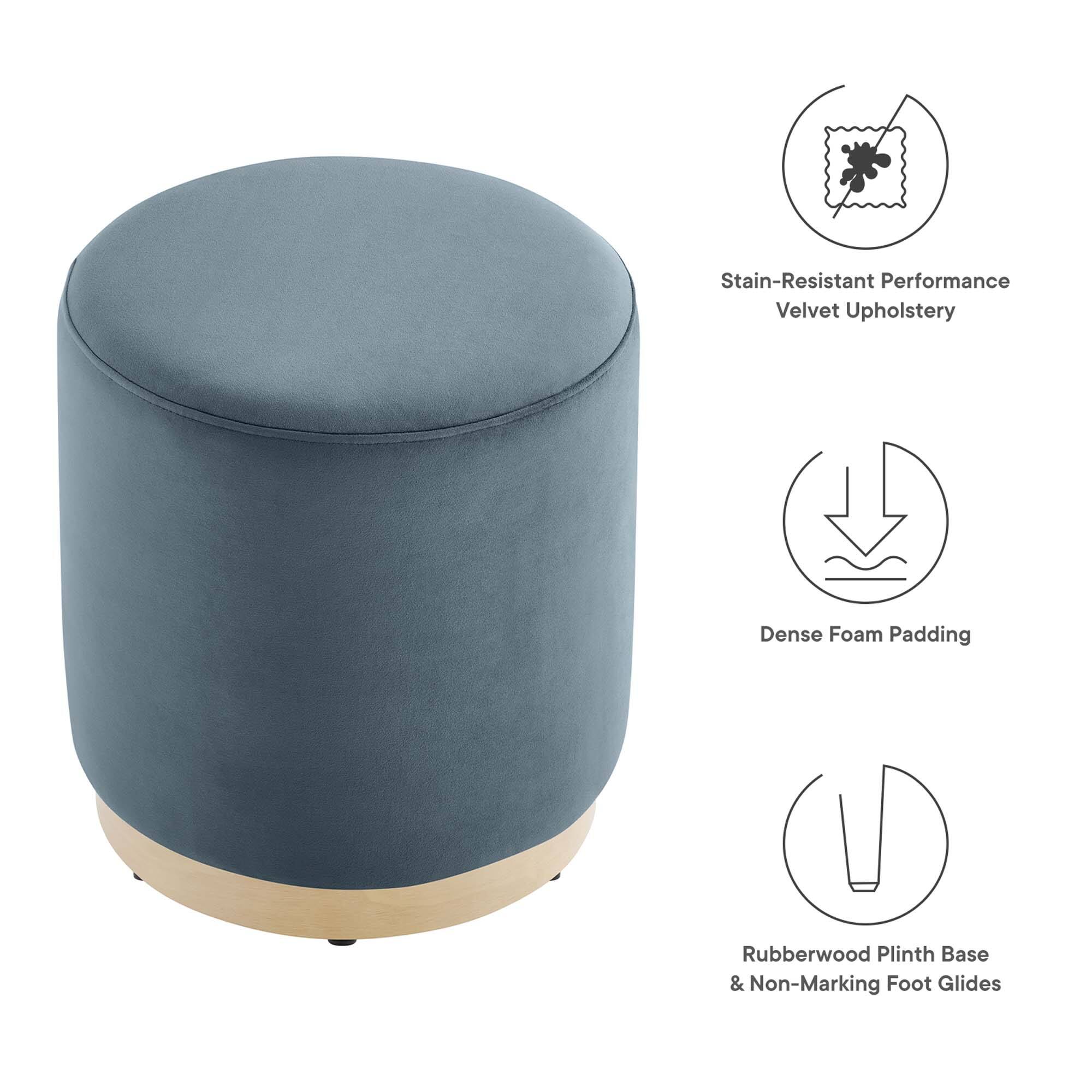 - Stain-Resistant Performance Velvet Upholstery
- Dense Foam Padding
- Rubberwood Plinth Base & Non-Marking Foot Glides