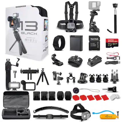 Sure, here is the corrected and grouped text from the image:
---
**Box:**
- CREATOR EDITION
- 13 BLACK
- Official Hero Saver Lenses™
- MODD
- SanDisk Extreme PRO 64GB V30 A2
**Accessories:**
- SanDisk microSDHC microSDXC Adapter
- SanDisk Extreme PRO 64GB V30 A2
- Diginerds
**Other Items:**
- Various mounts, tripods, and accessories for the camera
- LED light
- Remote control
- Carabiner
- Shoulder mount
- Tripod
- Various adapters and connectors
- Red and white filters
- USB cable
- Car mount
---