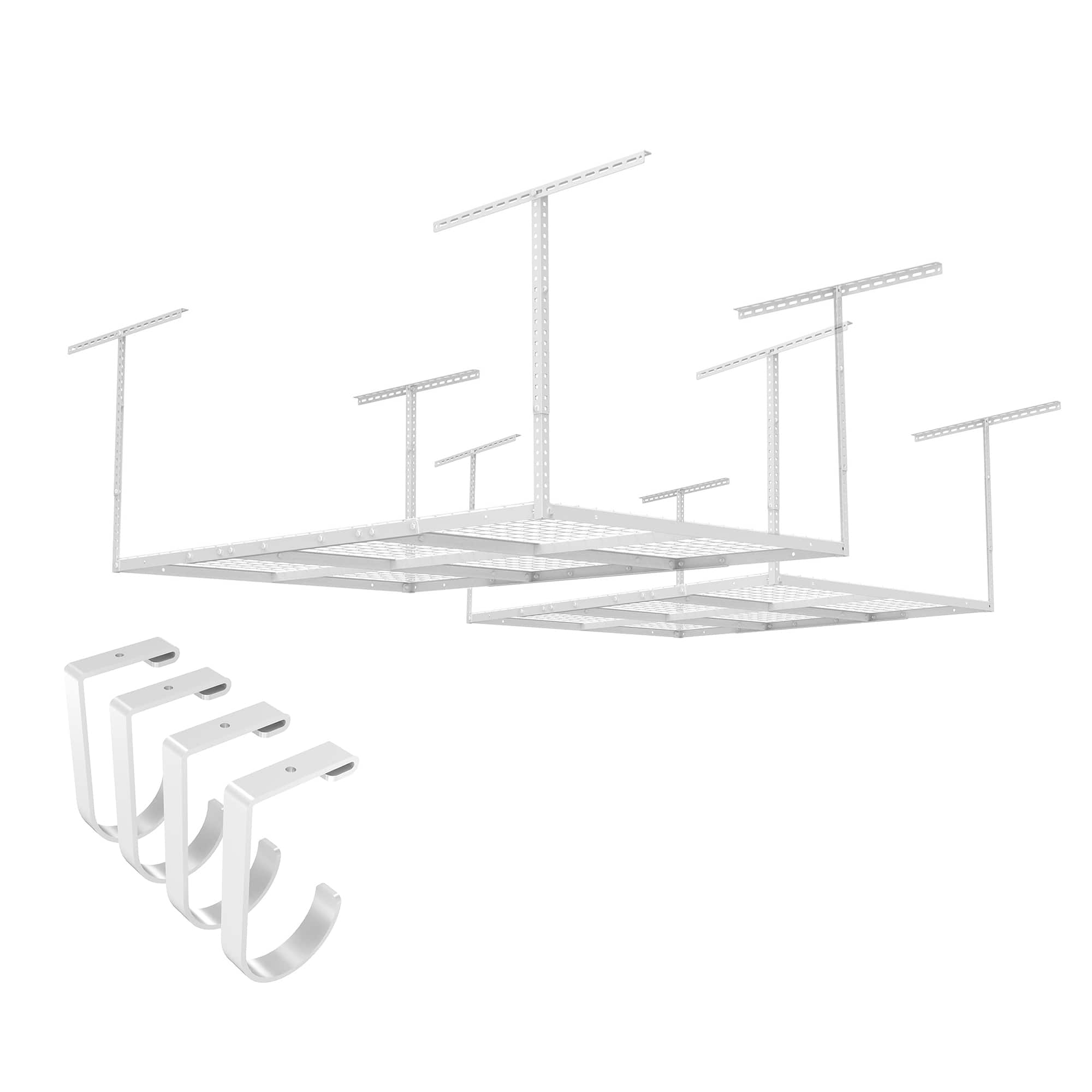 Fleximounts - OHK Series 48 in. W x 72 in. D x 22-40 in. H Black Ceiling Mounted Overhead Garage Storage Rack with Accessory Hooks - White