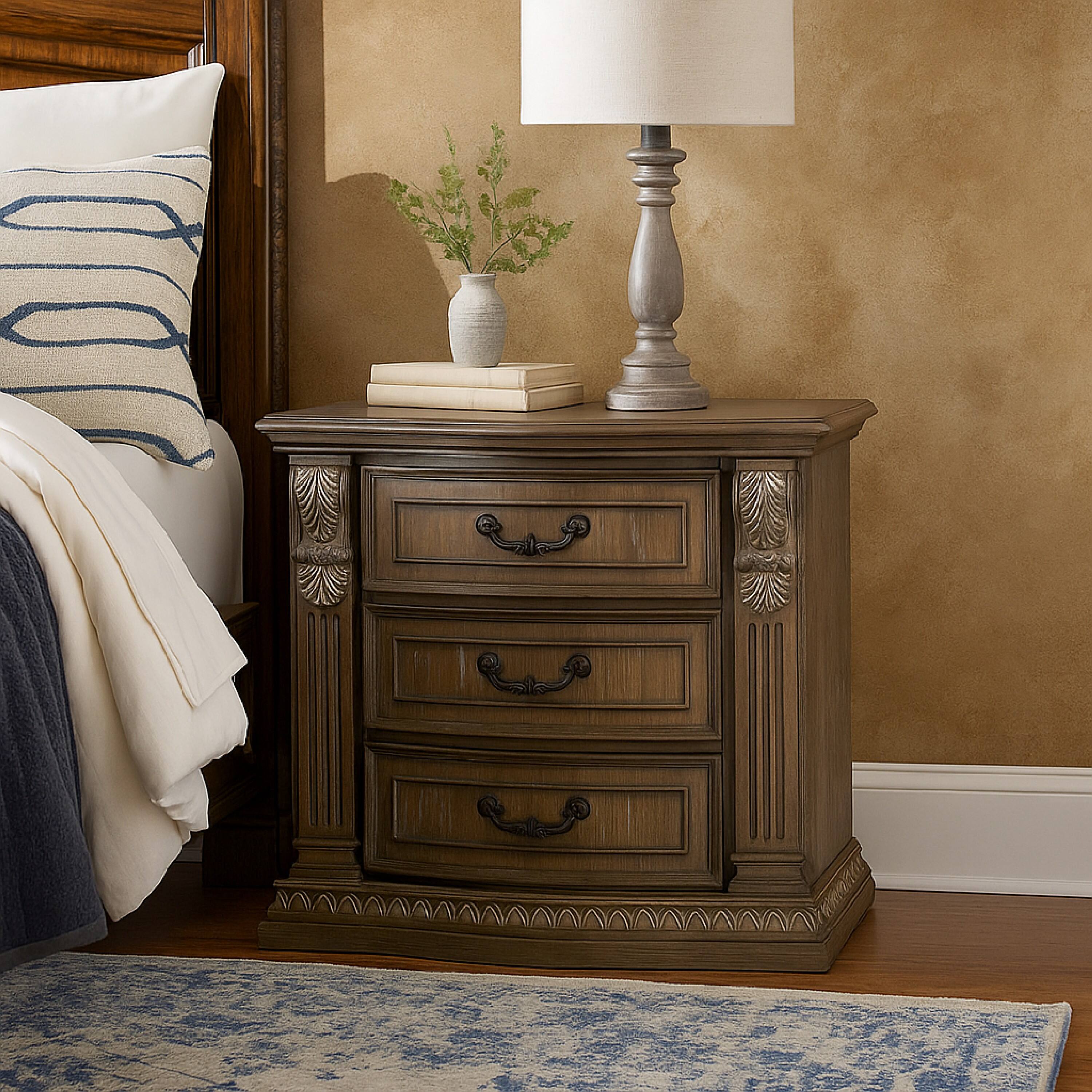 Alt View 5. Manhattan Lane - Reven Nightstand, 3 Drawers, Weathered Oak Brown Wood, Metal, 31 Inch - Oak Brown, Bronze.
