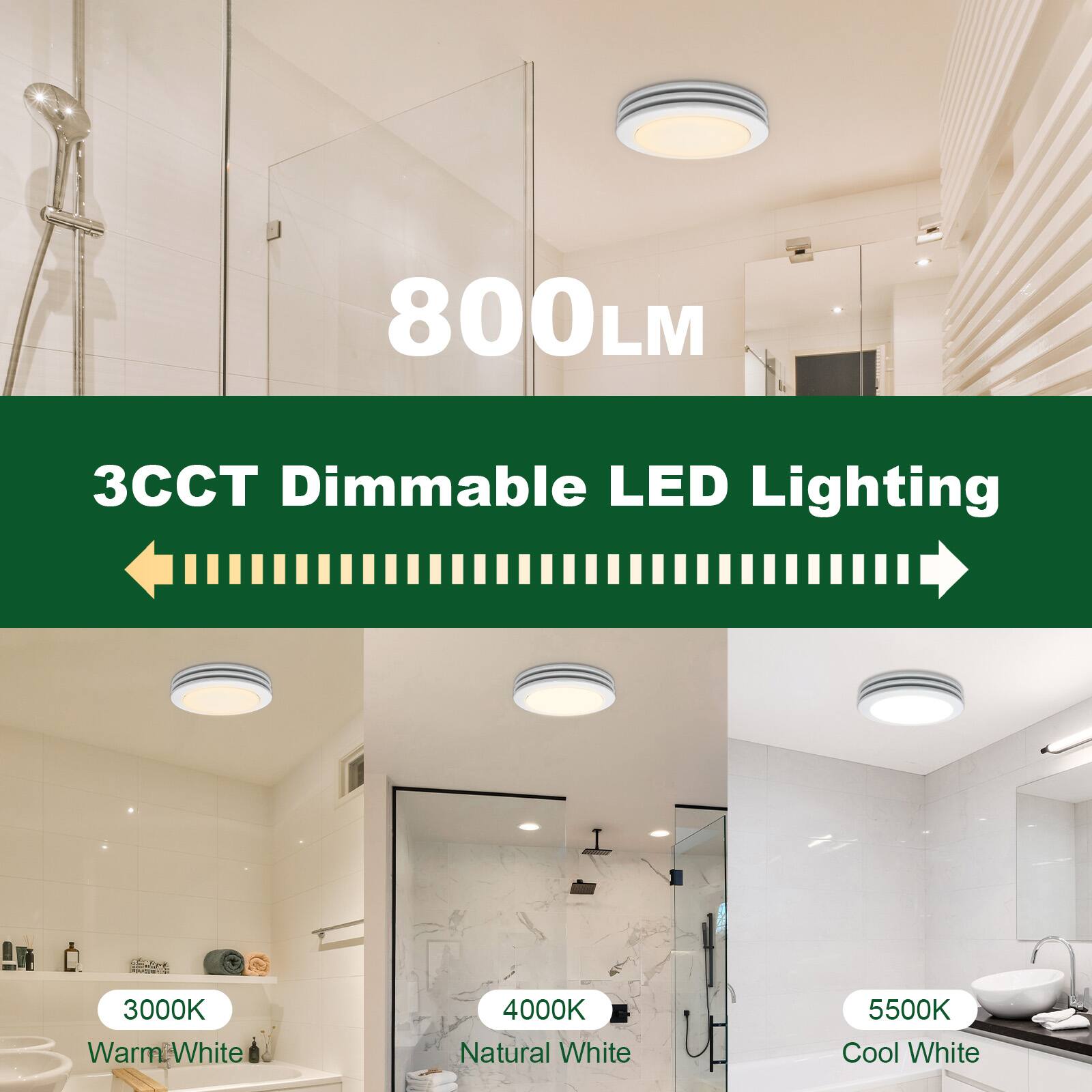 800LM  
3CCT Dimmable LED Lighting  
3000K Warm White  
4000K Natural White  
5500K Cool White