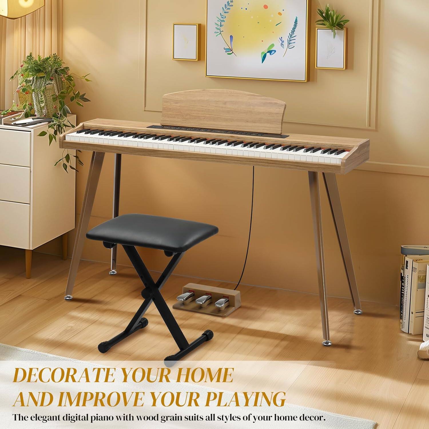 DECORATE YOUR HOME AND IMPROVE YOUR PLAYING

The elegant digital piano with wood grain suits all styles of your home decor.