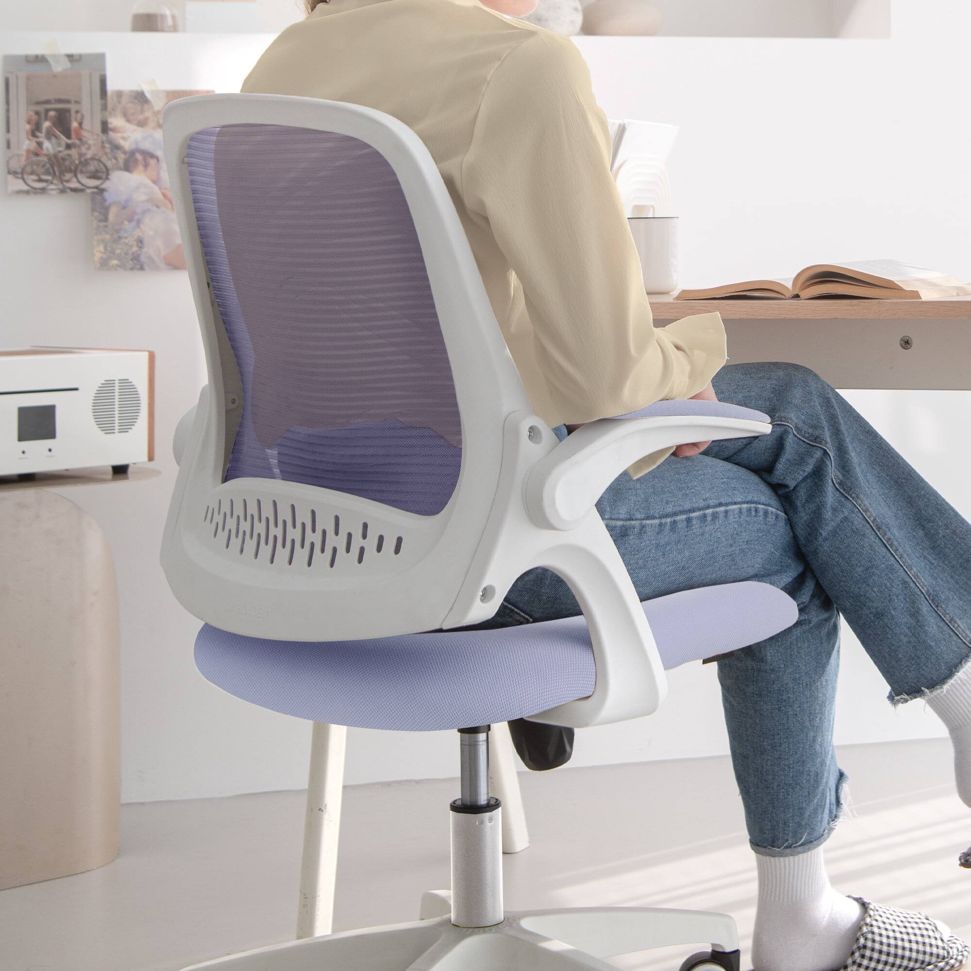 Angle. Neo Chair - Ergonomic Office Chair, Mesh Back with Flip-Up Arms, Lumbar Support, Adjustable Height & Rolling Wheels - Plastic Base-Purple.