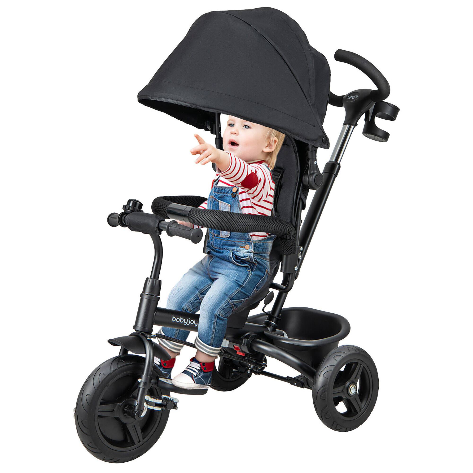 Gymax - 4-in-1 Baby Tricycle Toddler Trike w/ Reversible Seat Canopy & Push Handle - Black