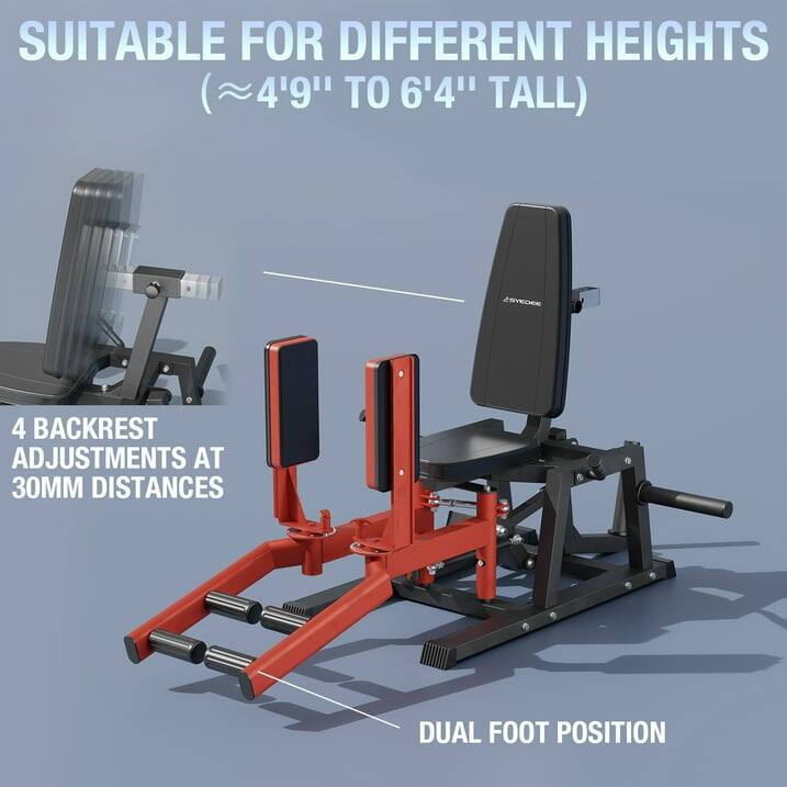 SUITABLE FOR DIFFERENT HEIGHTS ( 4'9" TO 6'4" TALL), 4 BACKREST ADJUSTMENTS AT 30MM DISTANCES, DUAL FOOT POSITION