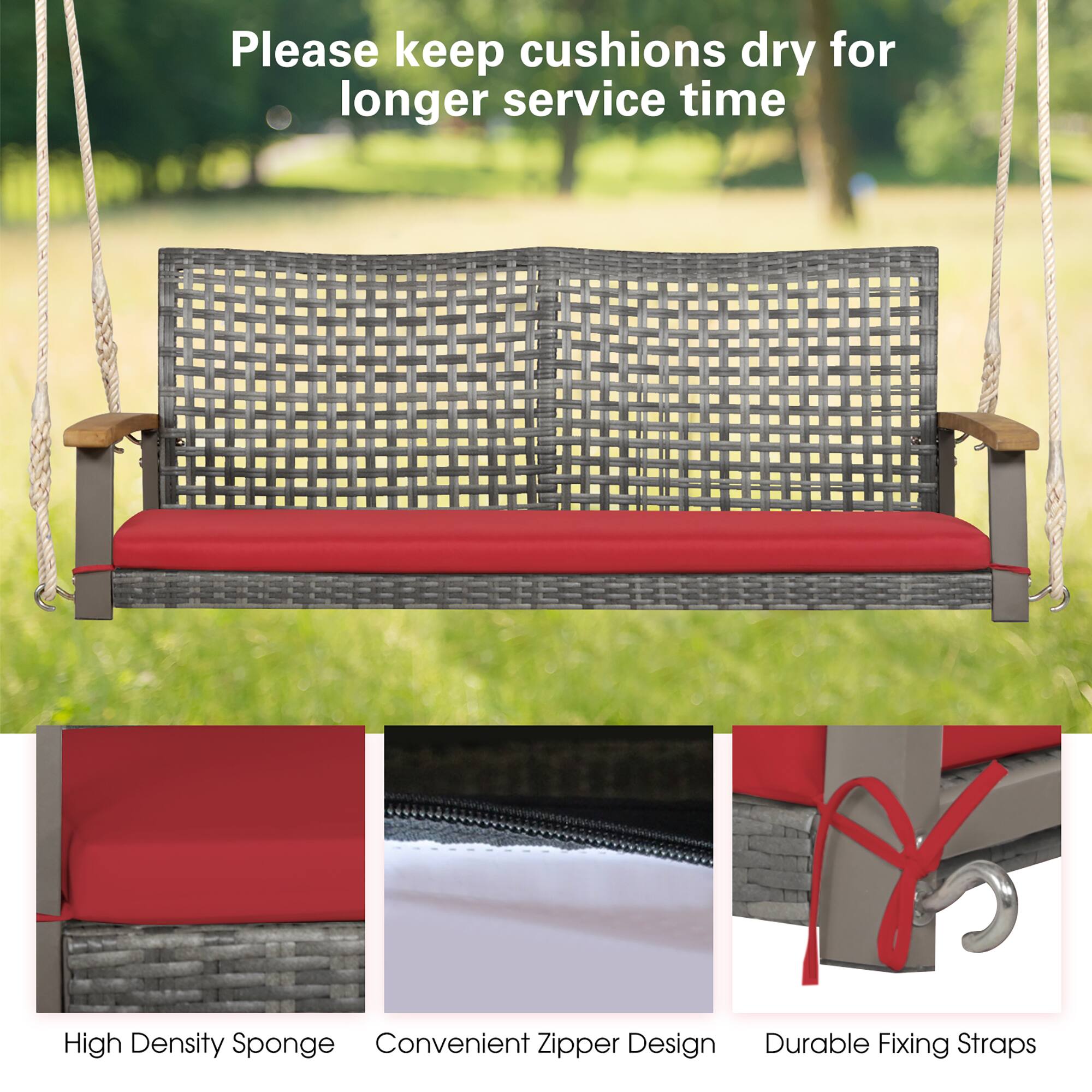 Alt View 5. Gymax - Gymax Rattan Patio Porch Swing 2-Person Cushioned Swing Chair Bench w/ Hanging Ropes Red - Red.