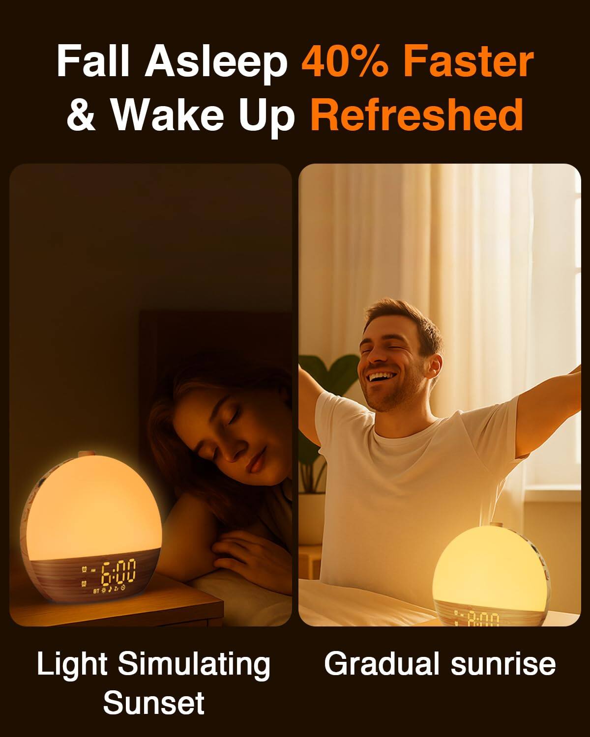 Fall Asleep & Wake Up  
40% Faster Refreshed  

Light Simulating Sunset  
Gradual sunrise