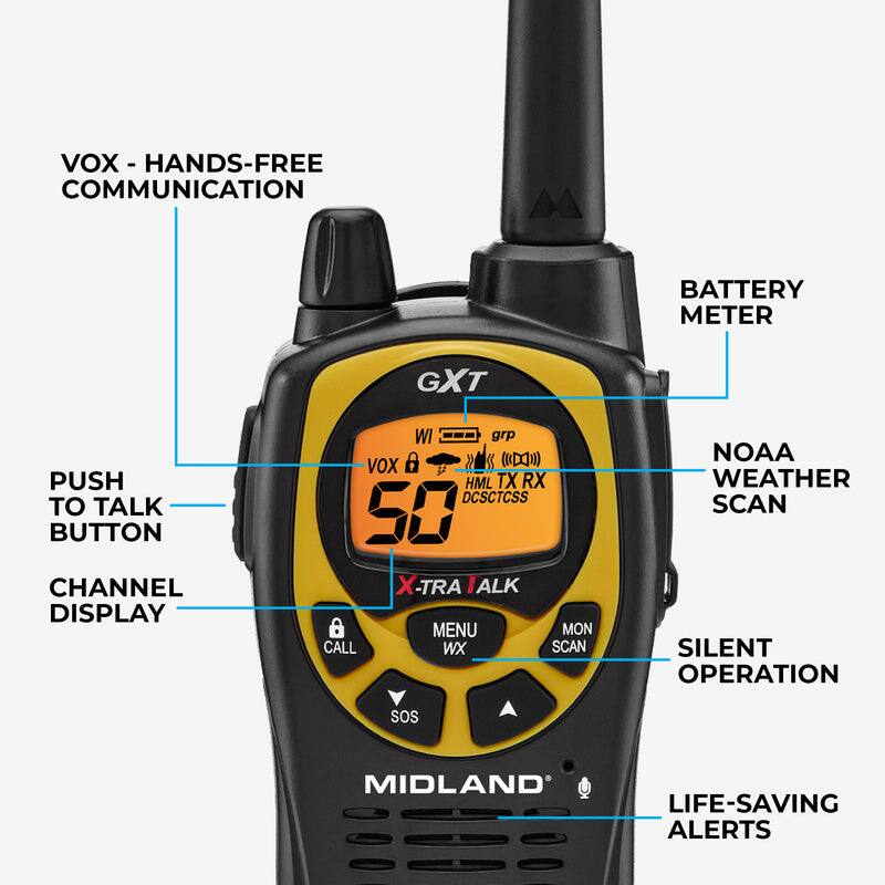 VOX - HANDS-FREE COMMUNICATION  
BATTERY METER  
PUSH TO TALK BUTTON  
CHANNEL DISPLAY  
NOAA WEATHER SCAN  
SILENT OPERATION  
LIFE-SAVING ALERTS  

Features:  
- VOX + D  
- HML TX RX  
- DCSCTCSS  
- 50 X-TRA ALK  
- MENU  
- MON  
- CALL  
- WX  
- SCAN  
- grp