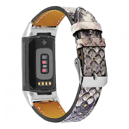 The image shows a smartwatch with a snake skin-patterned strap. The watch face has a rectangular display with a black background. On the display, there are several icons and indicators:
- At the top, there is a grid of small icons.
- Below that, there are three vertical bars in red, pink, and purple.
- Underneath the bars, there are four small circular indicators, two of which are lit in orange.
The strap is made of a material resembling snake skin, with a brown leather interior and a silver buckle.