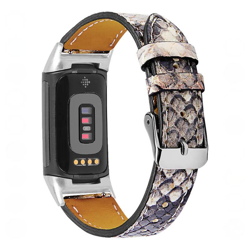 The image shows a smartwatch with a snake skin-patterned strap. The watch face has a rectangular display with a black background. On the display, there are several icons and indicators:

- At the top, there is a grid of small icons.
- Below that, there are three vertical bars in red, pink, and purple.
- Underneath the bars, there are four small circular indicators, two of which are lit in orange.

The strap is made of a material resembling snake skin, with a brown leather interior and a silver buckle.