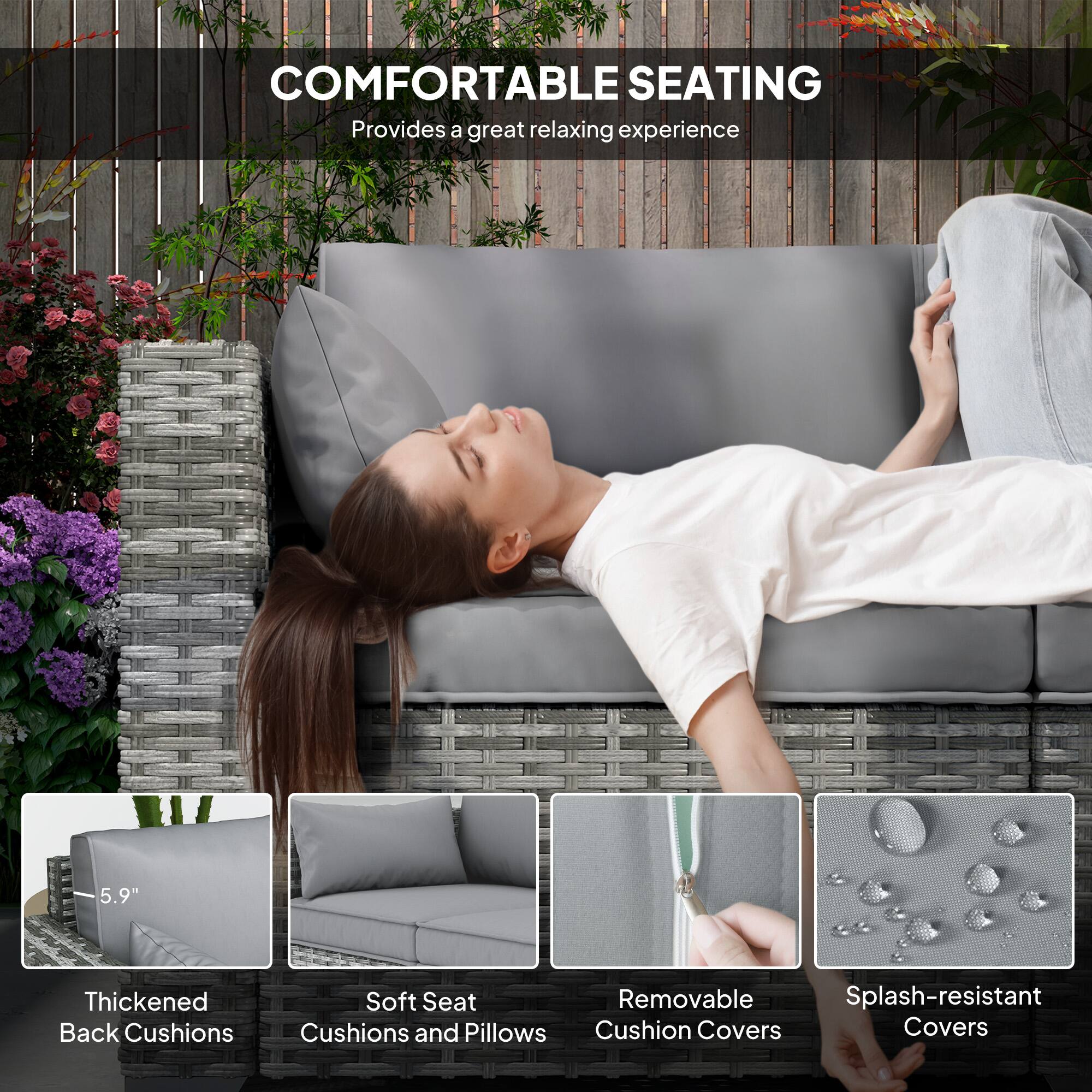 COMFORTABLE SEATING  
Provides a great relaxing experience  

- 5.9" Thickened Back Cushions  
- Soft Seat Cushions and Pillows  
- Removable Cushion Covers  
- Splash-resistant Covers
