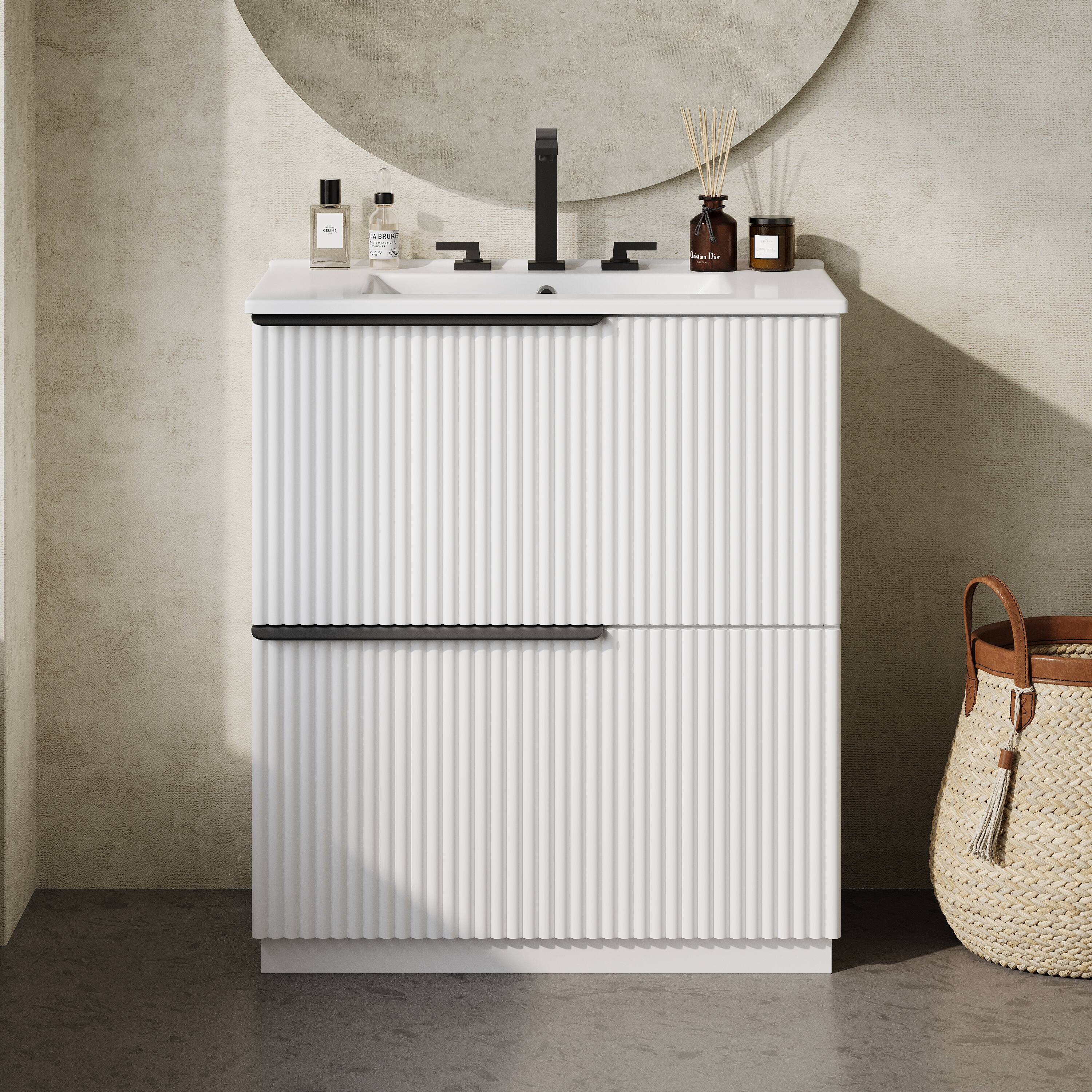 Left. Loheer - 2.5 ft Bathroom Vanity with Ceramic Sink, Soft-Close Full-Extension Drawers, Fluted Design - White.