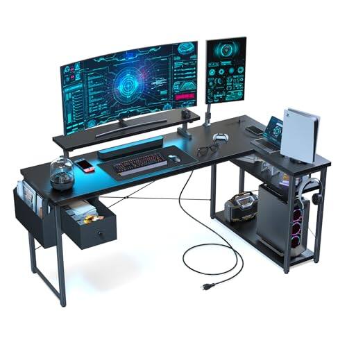 Front. Hirose Alice - L Shaped Gaming Desk Computer With Adjustable Stand & Rgb Lights Corner For Power Outlet Carbon Fiber Textur - Carbon Fiber Pro-63 Inch.