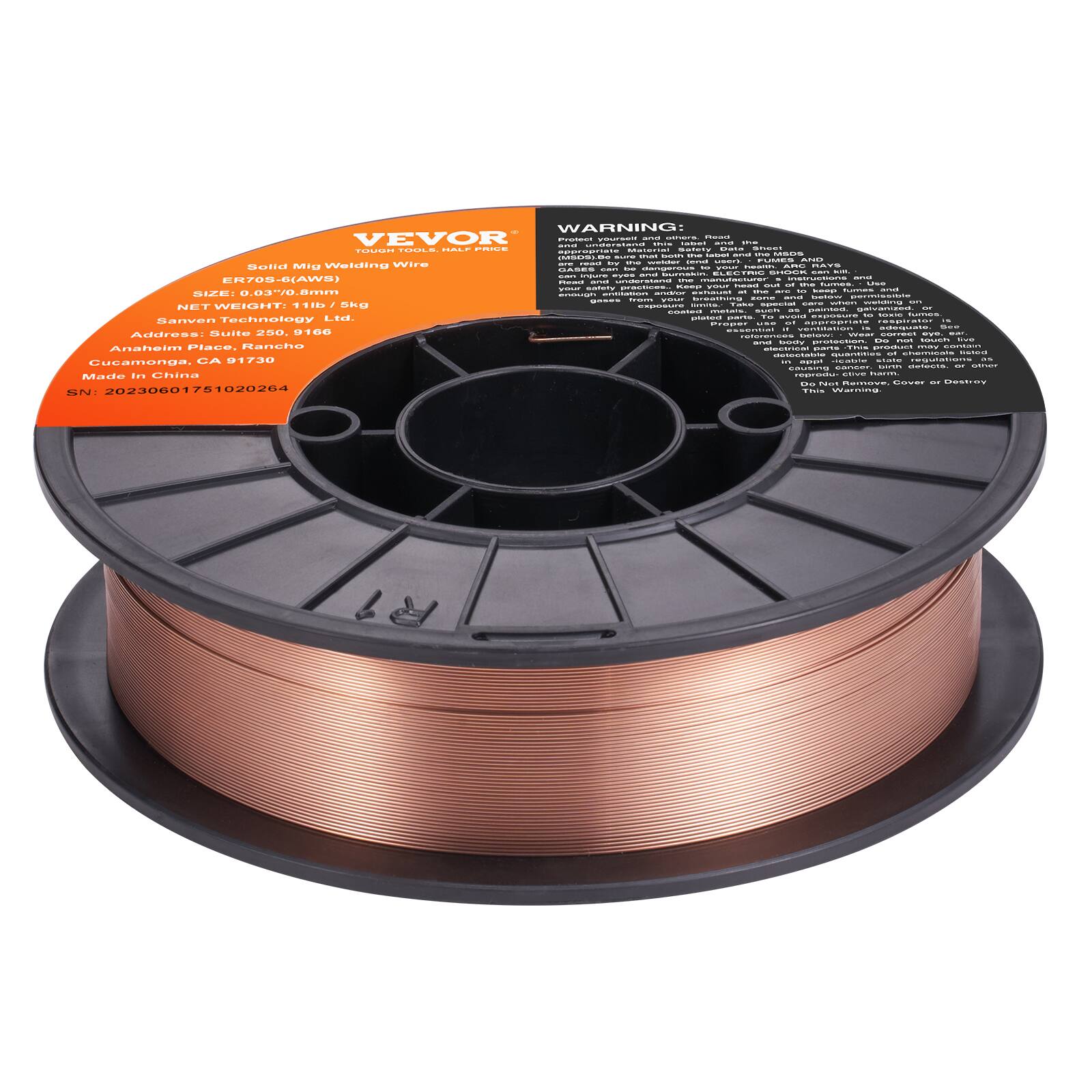 WARNING! VEVOR

Solid MIG Welding Wire  
ER70S-6 (AWS)  
SIZE: 0.035/0.8mm  
Net: 5 Kg  
Sanven Technology Ltd.  
Address: Suite 250, 9166  
Cucamonga Place, Rancho  
Cucamonga, CA 91730  
Made in China  
SN: 2023001751020264  
www.cokc.com  
www.vevor.com

WARNING:  
Read and understand the instructions before use.  
Do not use if the package is damaged or opened.  
Do not remove or destroy this warning label.  
Do not use if the wire is damaged or contaminated.  
Do not use if the wire is not the correct type for your application.  
Do not use if the wire is not compatible with your welding machine.  
Do not use if the wire is not stored properly.  
Do not use if the wire is not kept dry.  
Do not use if the wire is not kept clean.  
Do not use if the wire is not kept in a dry place.  
Do not use if the wire is