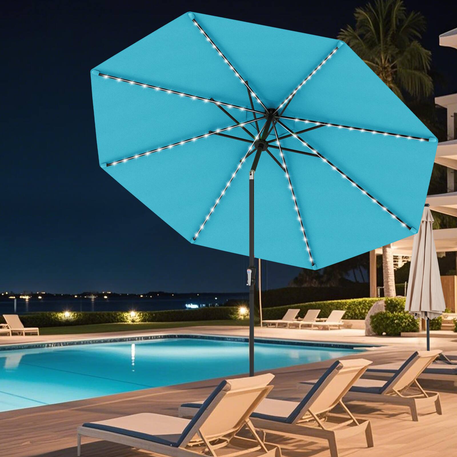 Alt View 4. Gymax - Gymax 10 FT Solar Patio Umbrella w/96 Multi-colored LED Lights & 9 Modes Vented Top Turquoise - Green.