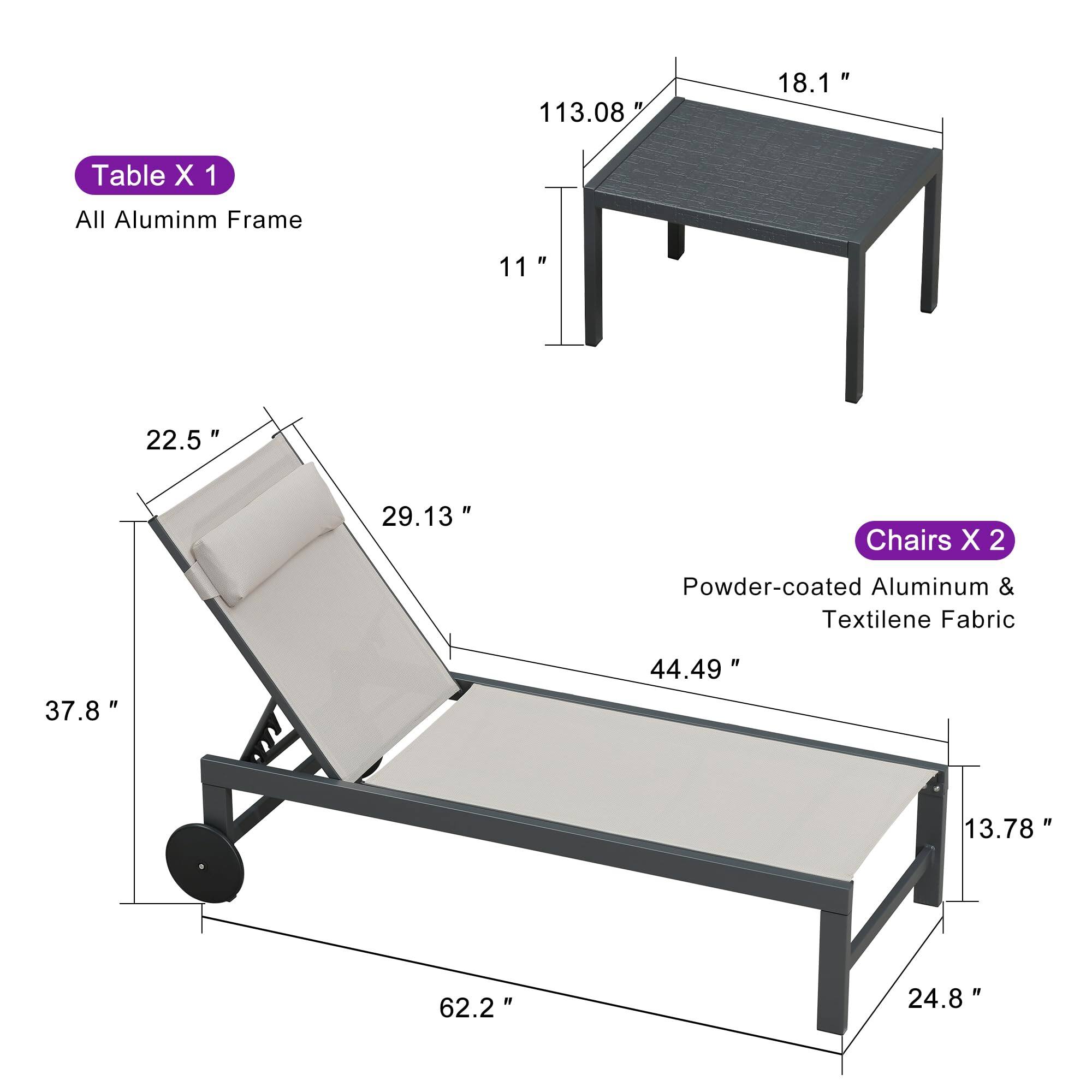 Table X 1  
All Aluminum Frame  
113.08" x 18.1" x 11"  

Chairs X 2  
Powder-coated Aluminum & Textilene Fabric  
62.2" x 44.49" x 24.8" x 37.8" x 29.13" x 22.5" x 13.78"