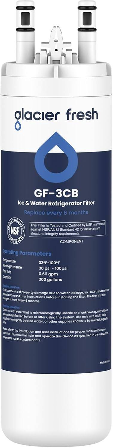 **Glacier Fresh**

**GF-3CB**

**Ice & Water Refrigerator Filter**

**Replace every 6 months**

---

**This Filter is Tested and Certified by NSF International and NSF against NSF/ANSI Standard 42 for structural integrity requirements.**

---

**COMPONENT**

**Operating Parameters**

- **Temperature:** 33°F - 100°F
- **Flowing Pressure:** 30 psi - 100 psi
- **Flow Rate:** 0.66 gpm
- **Capacity:** 300 gallons

---

**Important Information:**

- To minimize the risk of property damage due to water leakage, you must read and follow the installation and user instructions before installing the filter. The filter must be replaced every 6 months.
- Do not use with water that is microbiologically unsafe or of unknown quality without disinfection before or after using the system. Use only municipally treated water, or other supplies known to be microbiologically safe.
- Failure to maintain and operate this device as specified in the instructions may expose you to contaminants.

---

**Made in China**