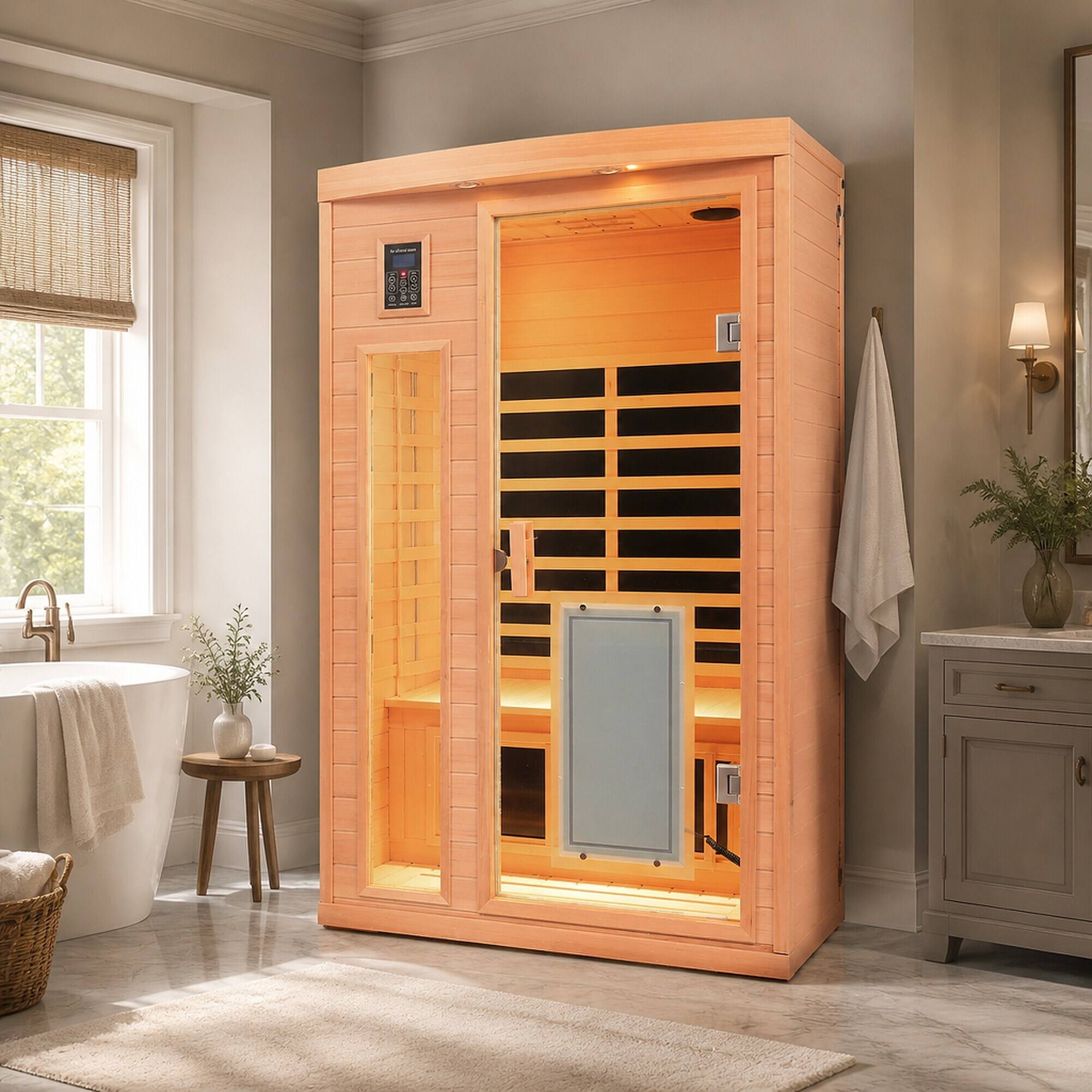 Back. RYHNUYNE - Far-Infrared 2-Person Indoor Sauna, Hemlock Wood, 8 Heating Panels, 1750W, Low EMF, Bluetooth Audio, 47.2 in Wide - Natural Wood.