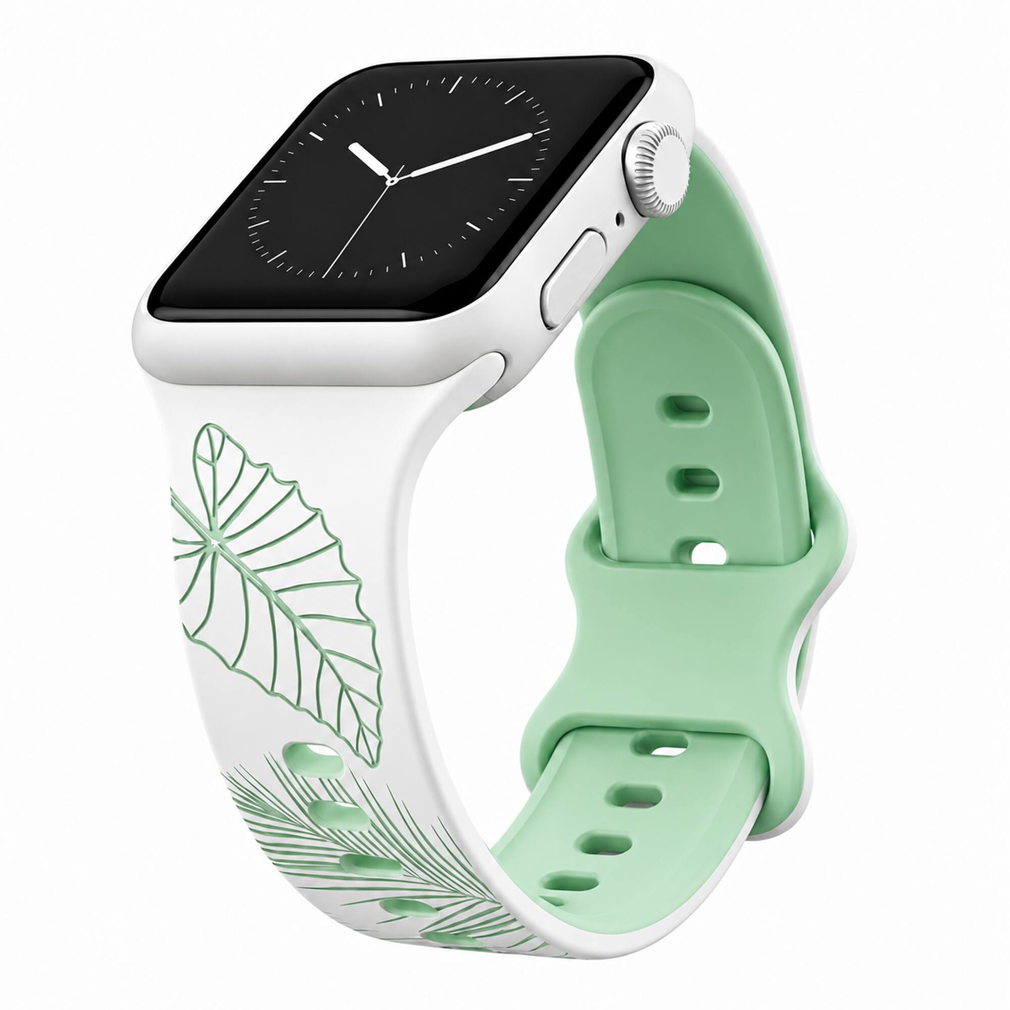 Front. ROXTRO - White to Green Tropical Engraved Two-Tone Watch Band Apple Watch Compatible SMALL WATCH 38/40/41mm (42mm Series 10 & Up) - White to Green.