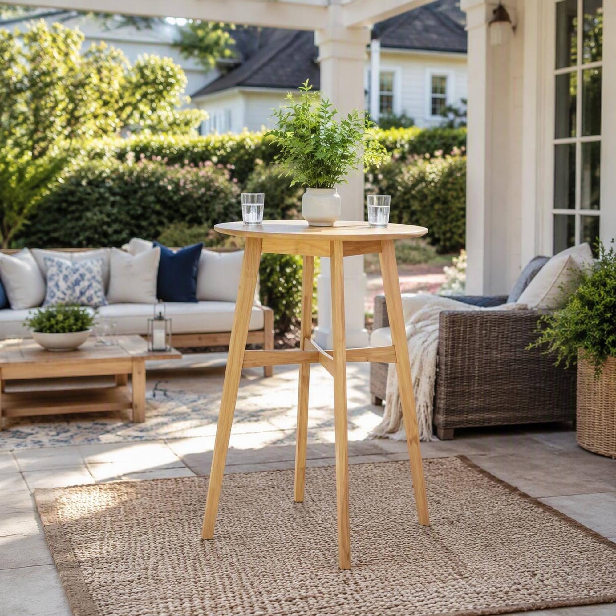 Back. RYHNUYNE - Round Wood Side Table, 4-Leg Natural Wooden End Table, Small Accent Coffee Table for Balcony - Oak.