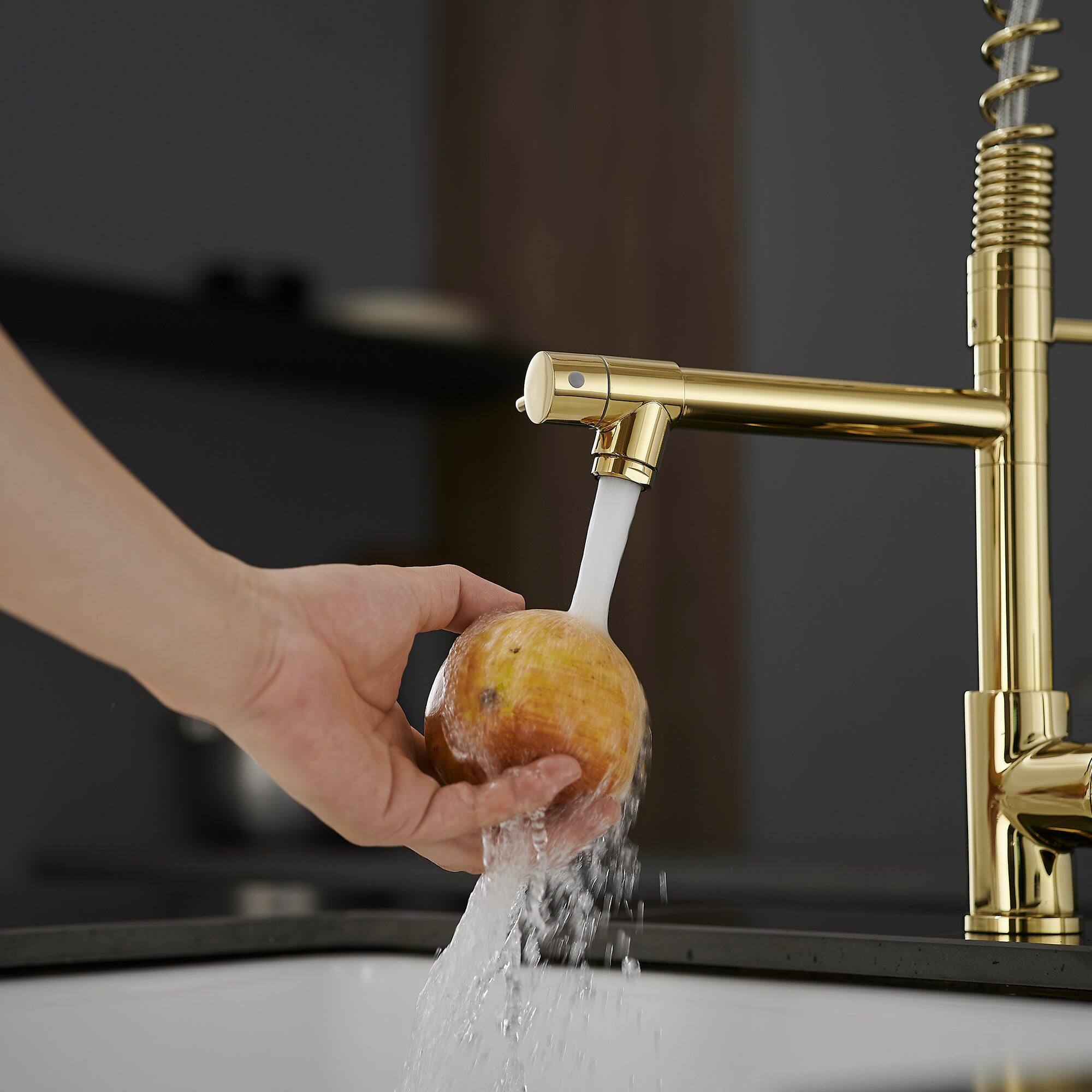 Left. Boyel Living - Contemporary Single Handle Gooseneck Pull Down Sprayer Kitchen Faucet Brushed Gold - Brushed Gold.