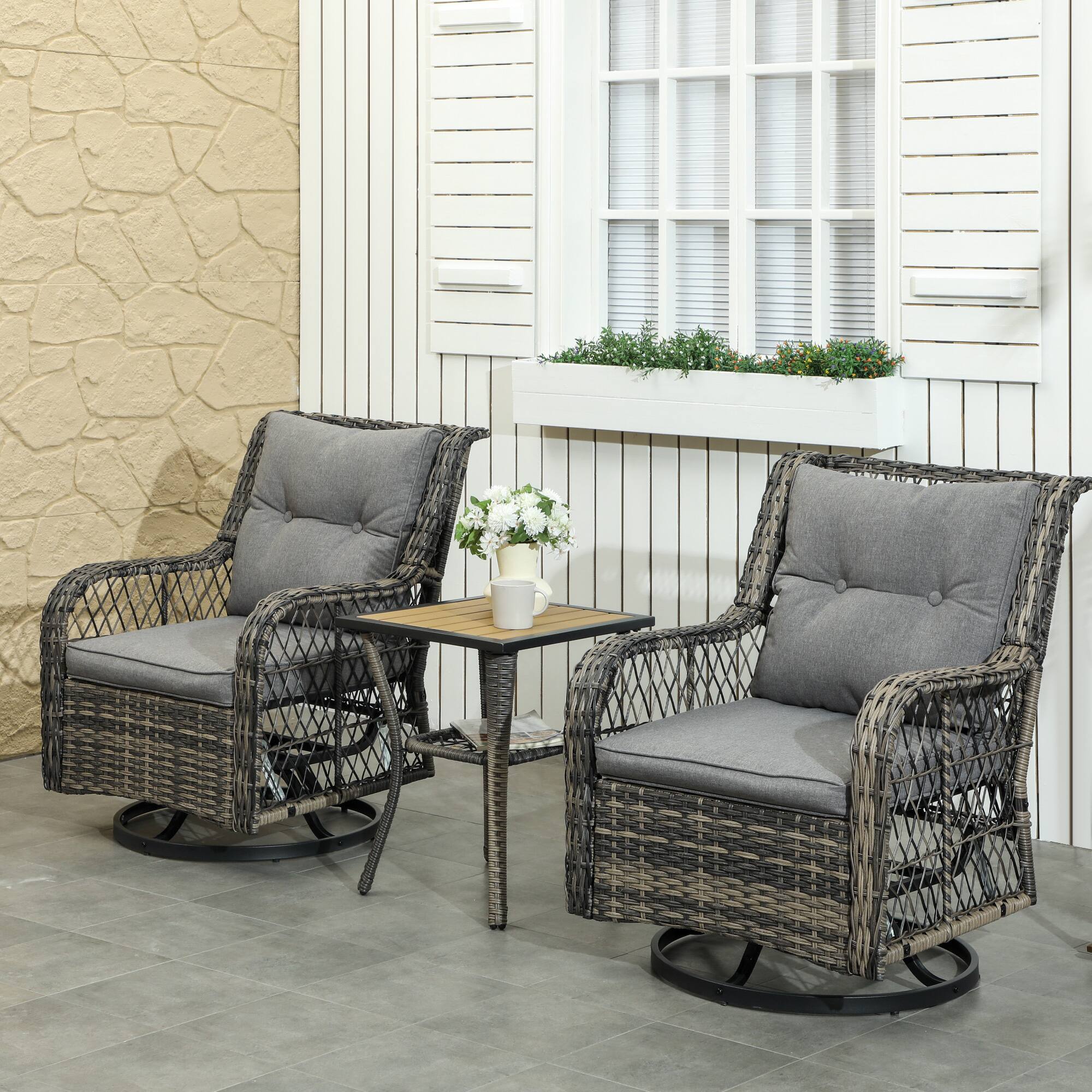 Alt View 1. Outsunny - Piece Outdoor Bistro Set, Wicker Small Patio Furniture Set with Swivel Glider Chairs for Balcony - Gray.