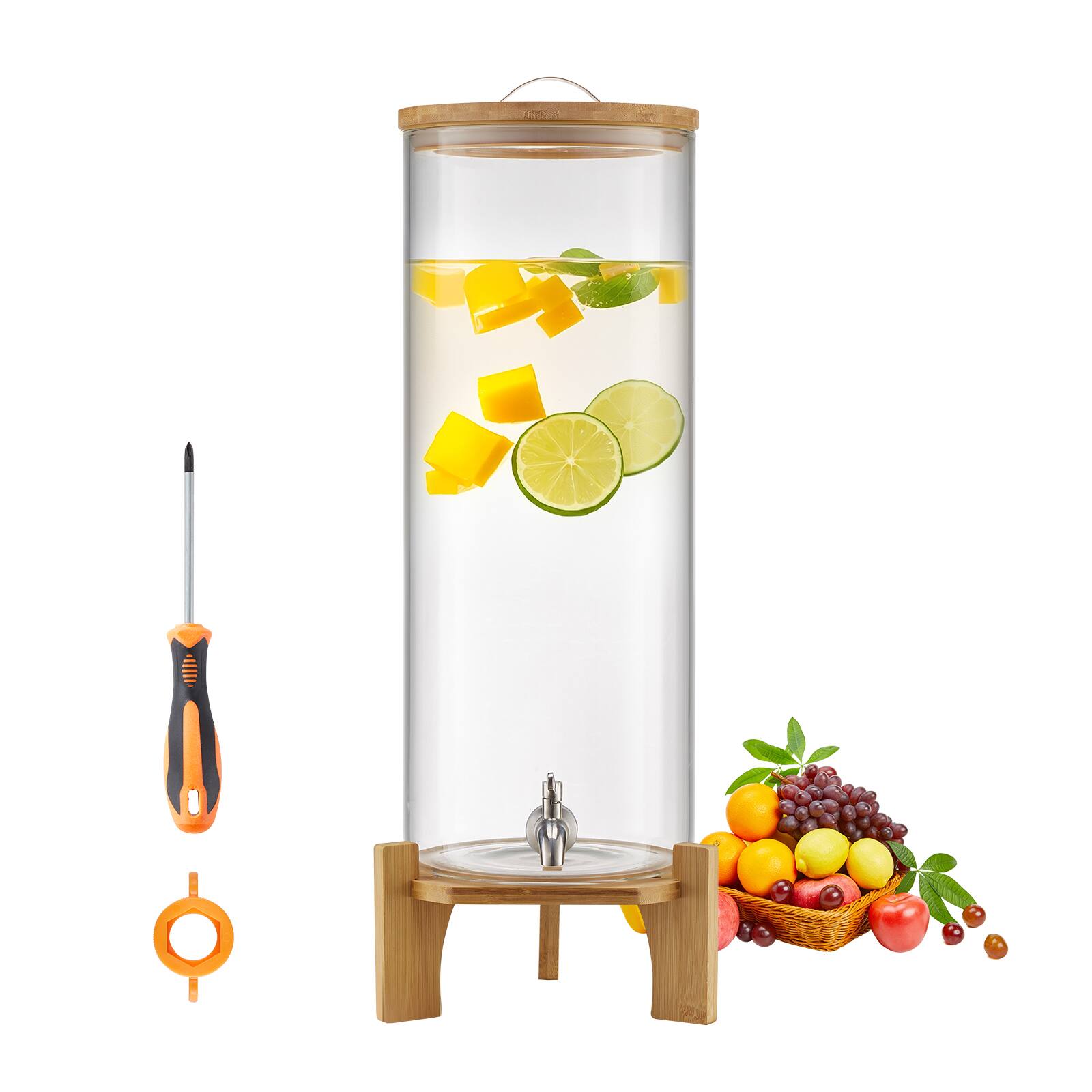 Front. VEVOR - Beverage Dispenser, 3.5 Gallon Drink Dispensers for Parties, Glass Juice Dispenser with Wood Stand - Transparent.