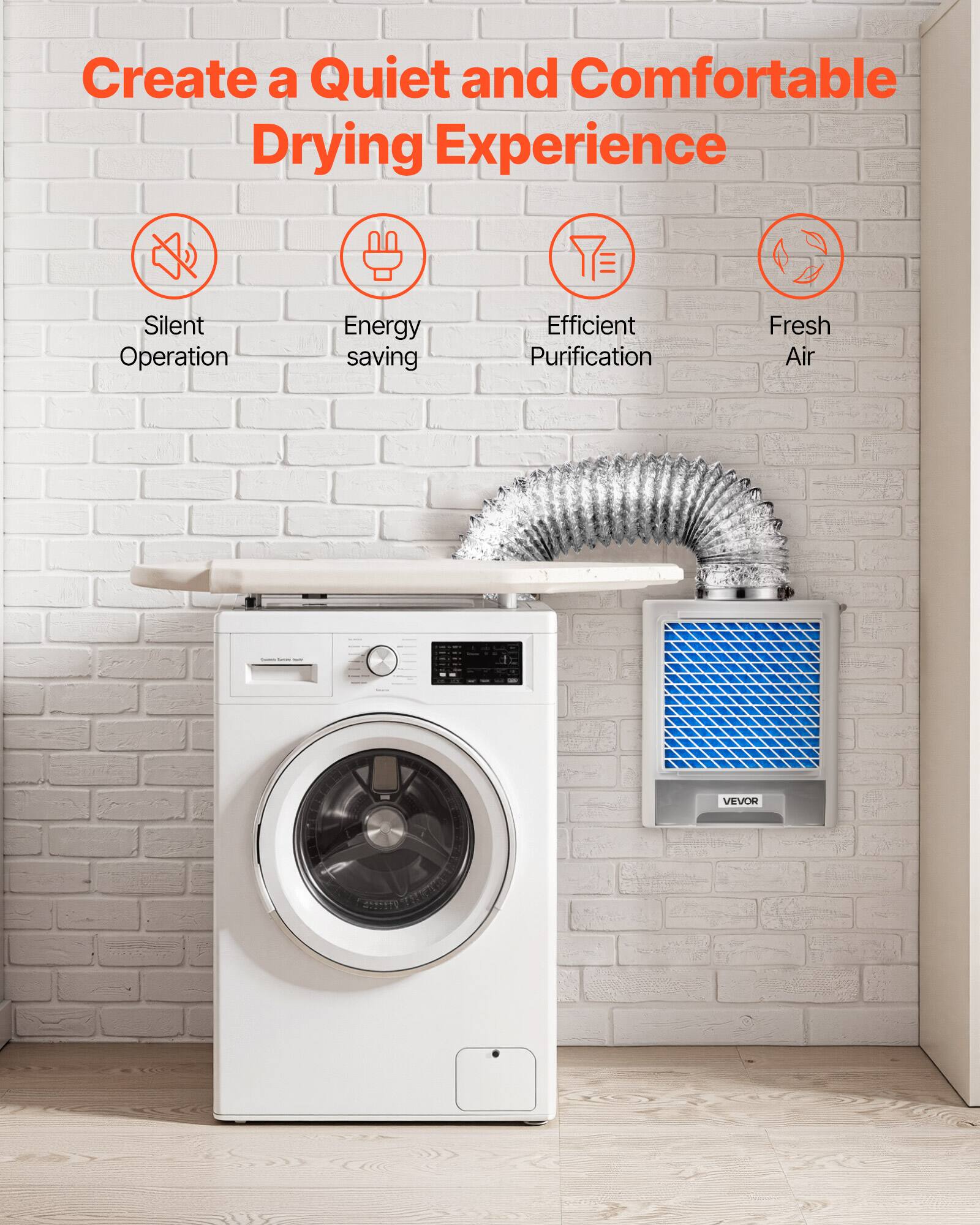 Create a Quiet and Comfortable Drying Experience

- Silent Operation
- Energy saving
- Efficient Purification
- Fresh Air

VEVOR