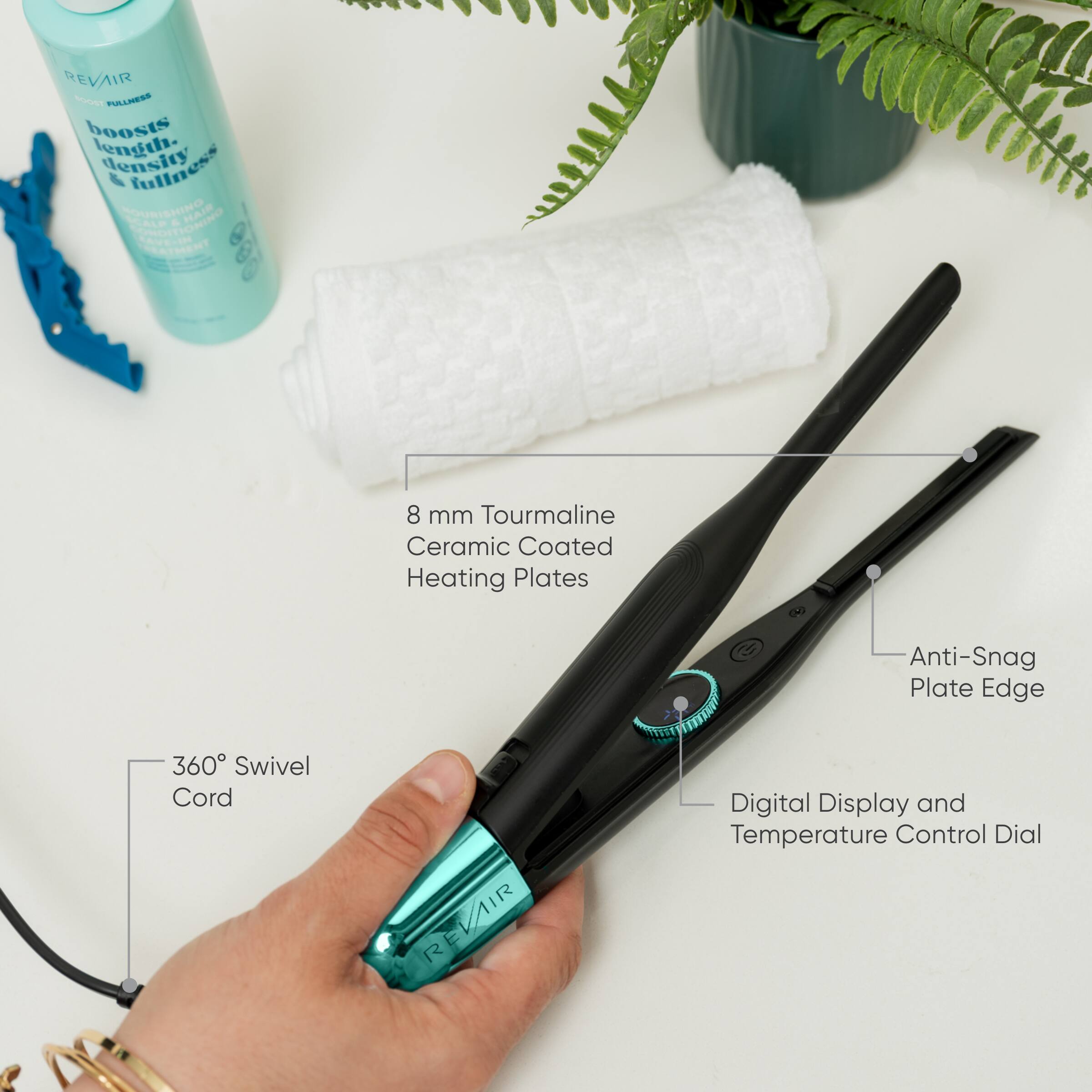 REVAIR FUALIESS boosts length, density & fullness. HAIR ALP SIIOHINO SAVE ATMENT 8 mm Tourmaline Ceramic Coated Heating Plates Anti-Snag Plate Edge 360 Swivel Cord REVAIR Digital Display and Temperature Control Dial