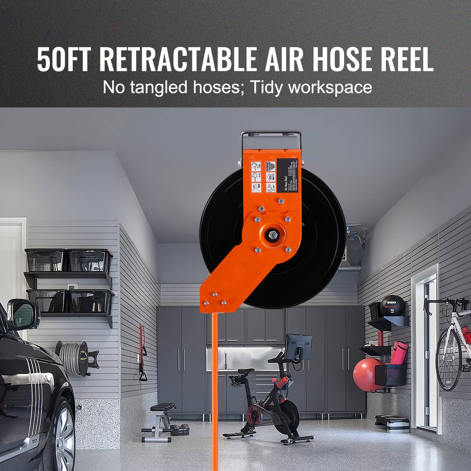 50FT RETRACTABLE AIR HOSE REEL  
No tangled hoses; Tidy workspace