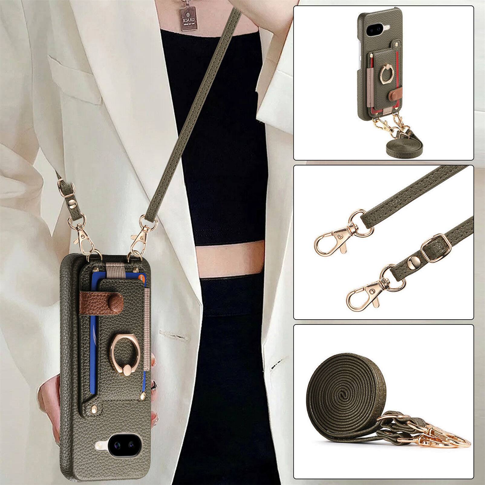 Alt View 4. Dteck - Lychee Texture Wallet Case for Google Pixel 9a with Metal Ring Kickstand,Crossbody Faux Leather Cover with Card Holder - Midnightgreen.