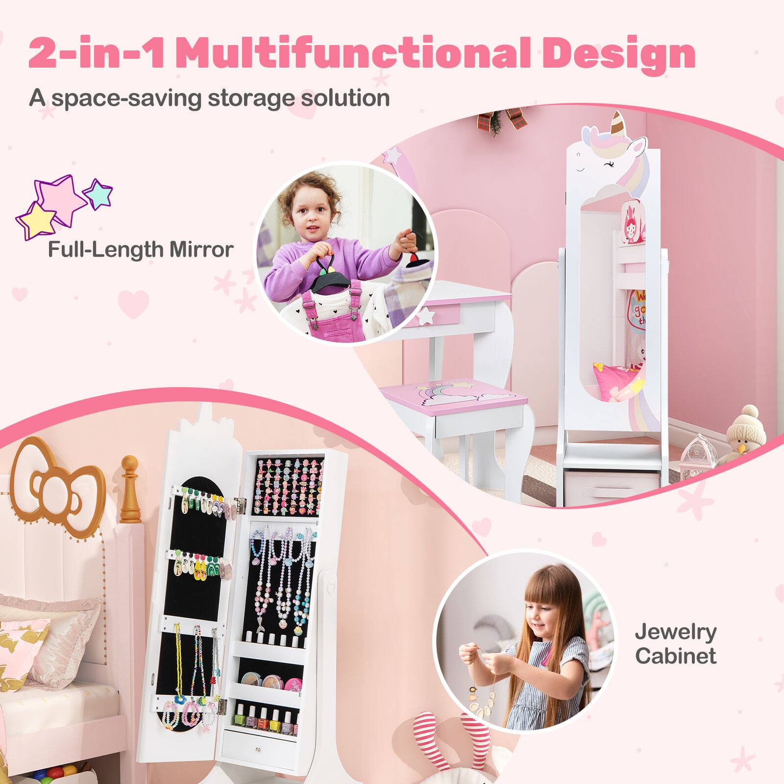 2-in-1 Multifunctional Design  
A space-saving storage solution  

Full-Length Mirror  

Jewelry Cabinet