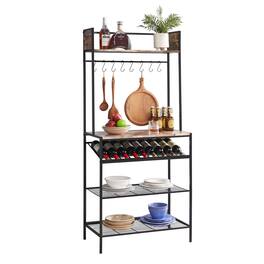 Kings Brand Furniture - Red Tile Bakers Rack with 9 Wine Bottle Capacity Rack & 8 Hooks - Kitchen Storage Organizer - Black