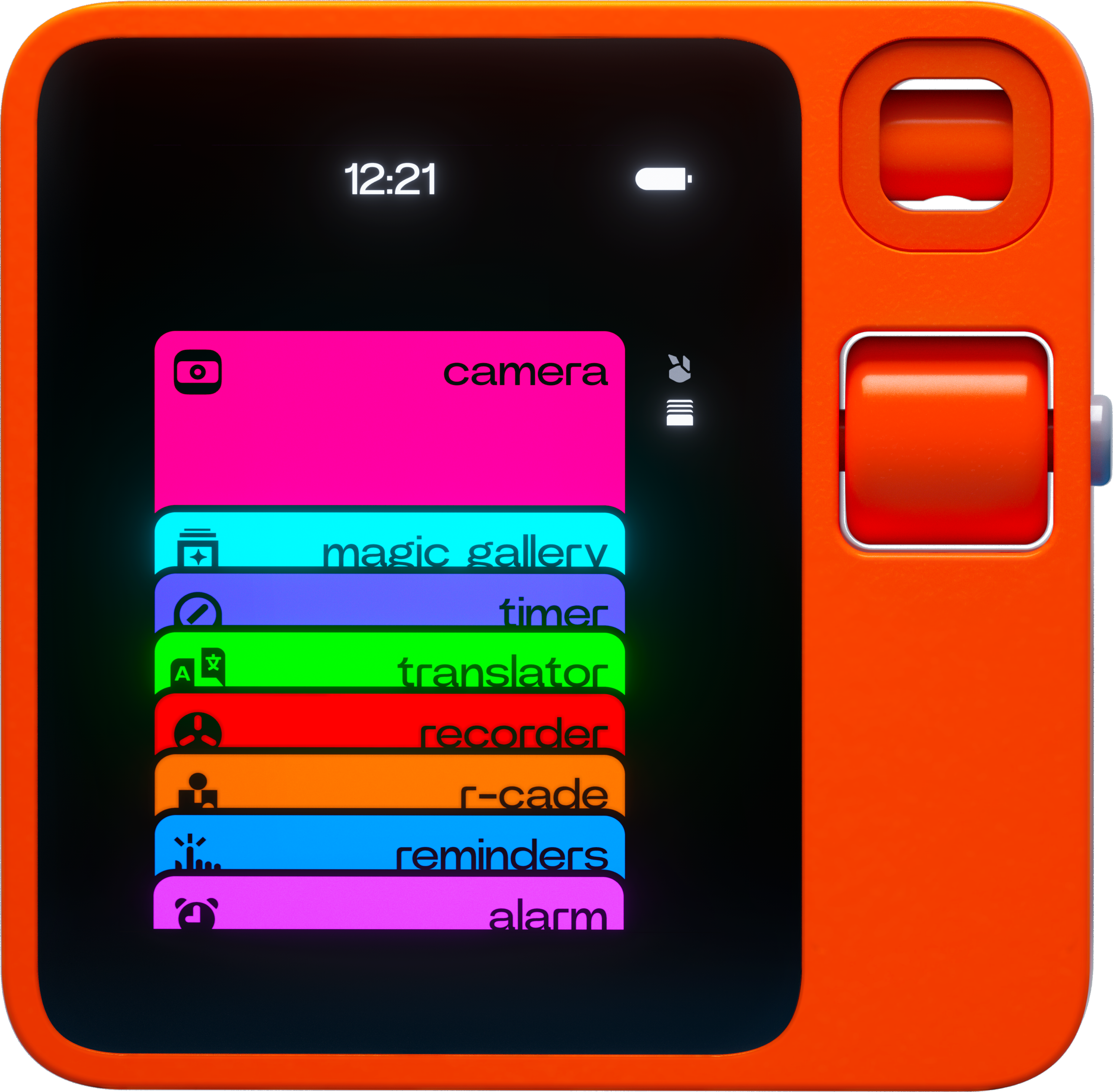 12:21  
camera  
magic gallery  
timer  
translator  
recorder  
r-cade  
reminders  
alarm