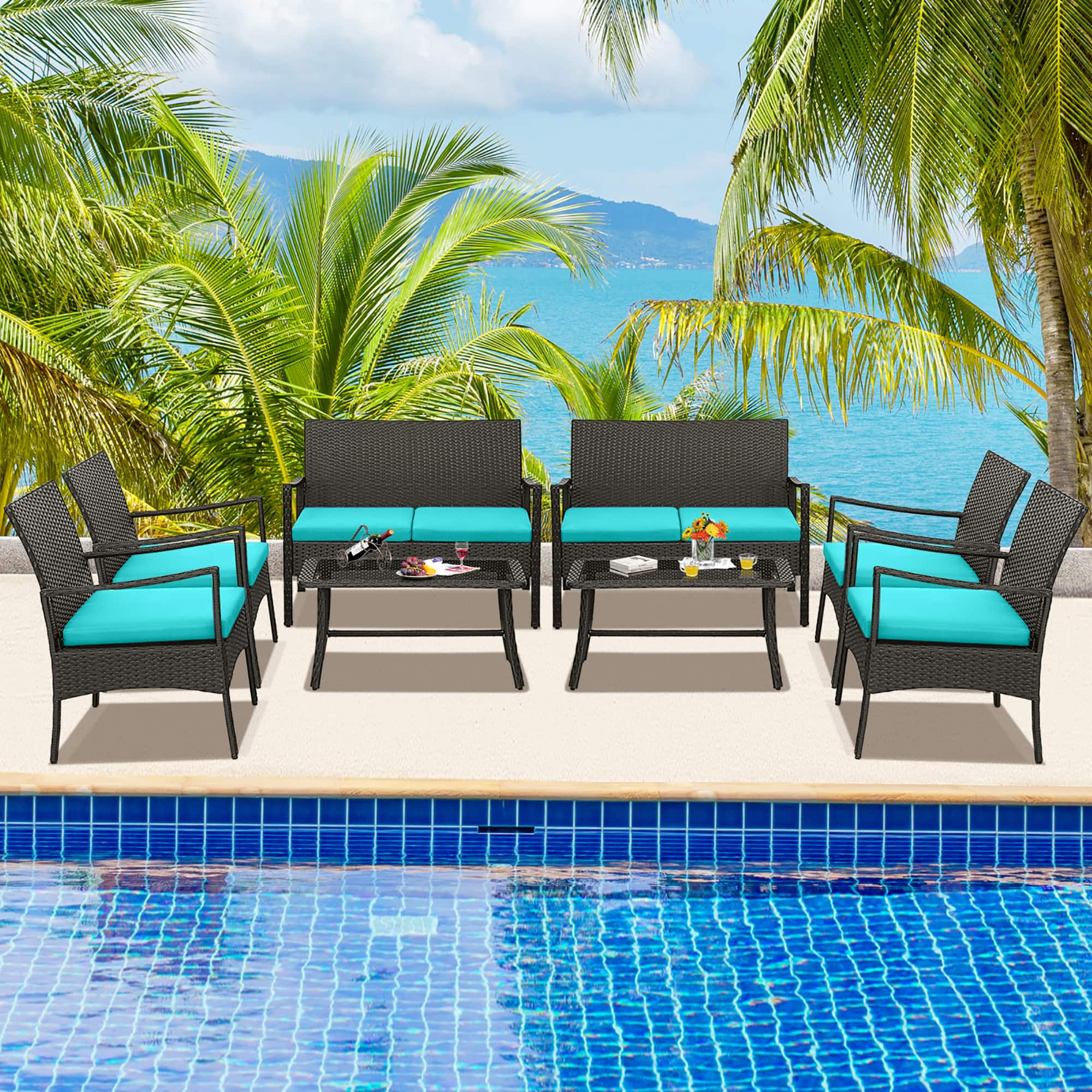 Gymax - 8PCS Patio Rattan PE Wicker Furniture Conversation Set w/ Sofa Chair & Table - Turquoise price history on PriceWatchPro